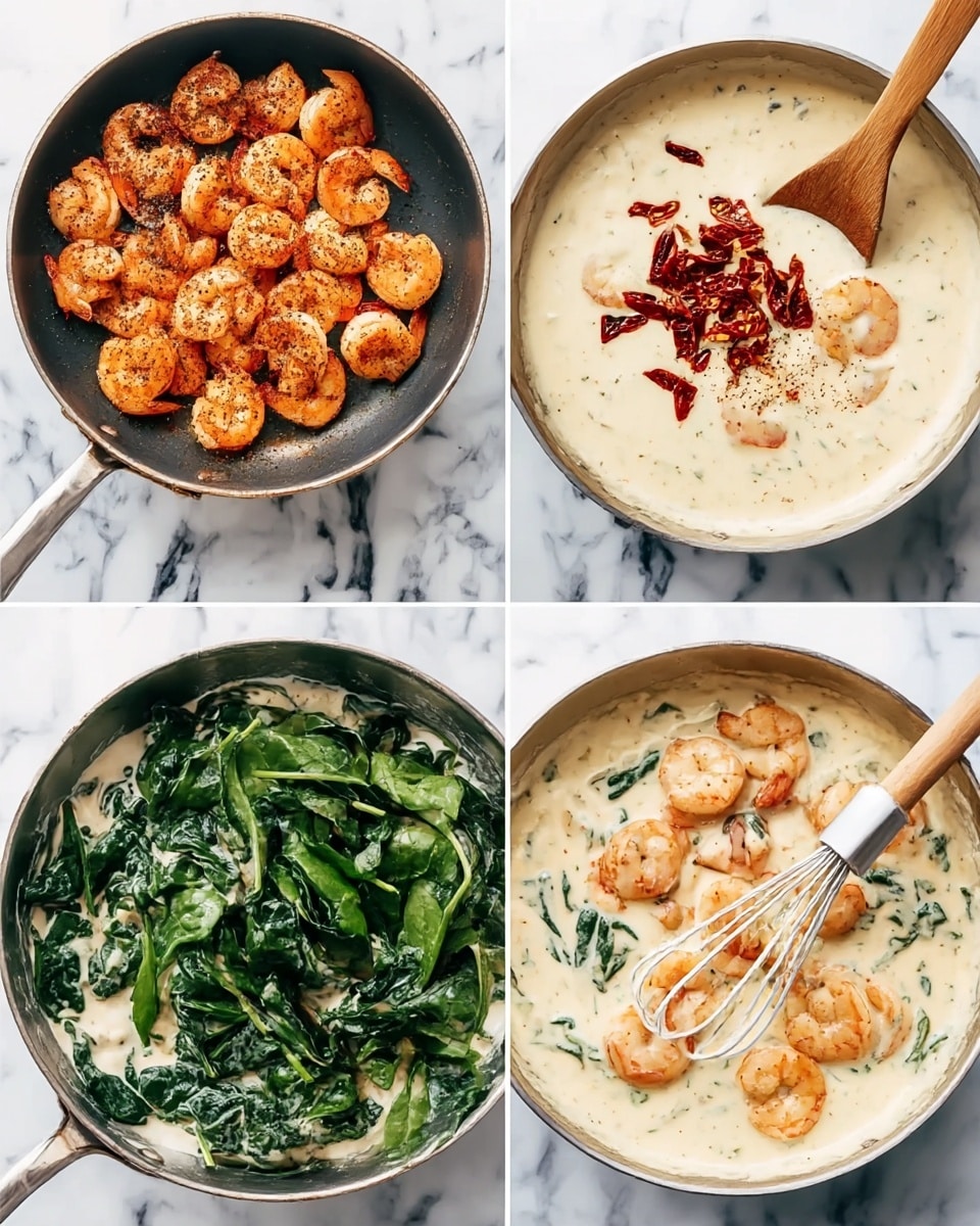 The image shows four stages of cooking creamy shrimp and spinach in a pan on a white marbled surface. The first stage has a pan full of cooked shrimp, orange and slightly browned with black seasoning. The second stage shows a creamy white sauce with black pepper and red dried chili pieces on top, with a wooden spoon resting in the sauce. The third stage adds fresh green spinach leaves into the creamy sauce in the pan, partially mixed and vibrant. The final stage displays the cooked shrimp mixed into the creamy spinach sauce, with a white whisk in the pan and shrimp on top, showing a rich creamy texture with green and orange colors. Photo taken with an iphone --ar 4:5 --v 7