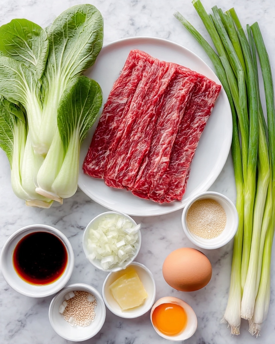 The image shows raw ingredients arranged neatly on a white marbled surface. On the left, there are three fresh green bok choy leaves with white stems. In the center, a white plate holds five long, thin pieces of red raw meat with light marbling. Around the plate, there are small white bowls filled with diced white onions, dark soy sauce, white sesame seeds, and a light yellow jelly-like substance. There is one whole brown egg and one white bowl containing a raw egg yolk. A bunch of long, fresh green onions is placed on the upper right side. All ingredients are bright and fresh, displayed in a clean and organized way. Photo taken with an iphone --ar 4:5 --v 7