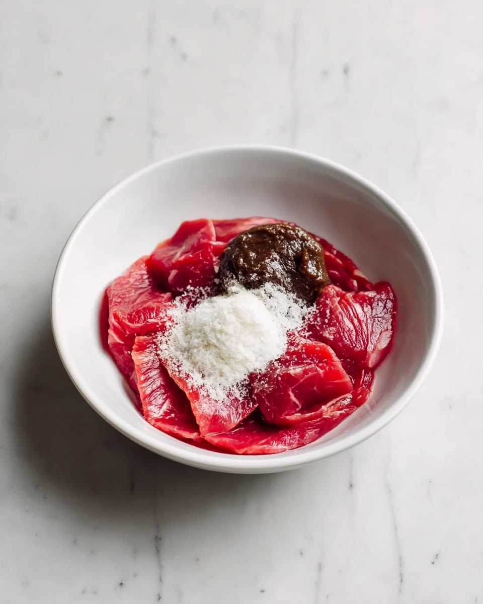 A white bowl sits on a white marbled surface filled with several bright red slices of raw meat arranged loosely at the base. On top of the meat, there is a small mound of white powder and next to it a dark brown thick paste, both sitting slightly centered. The meat has a fresh, soft texture with slight marbling and the powders add different textures over the red surface. Photo taken with an iphone --ar 4:5 --v 7