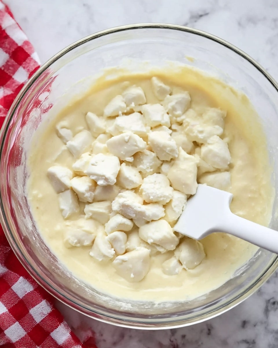 A clear glass bowl filled with a pale yellow batter that has a smooth texture. On top of the batter, there are many chunks of white dough scattered evenly. A white spatula is partly submerged in the batter on the right side of the bowl. The bowl sits on a white marbled surface, and a red and white checkered cloth is partly visible on the left side near the bowl. photo taken with an iphone --ar 4:5 --v 7