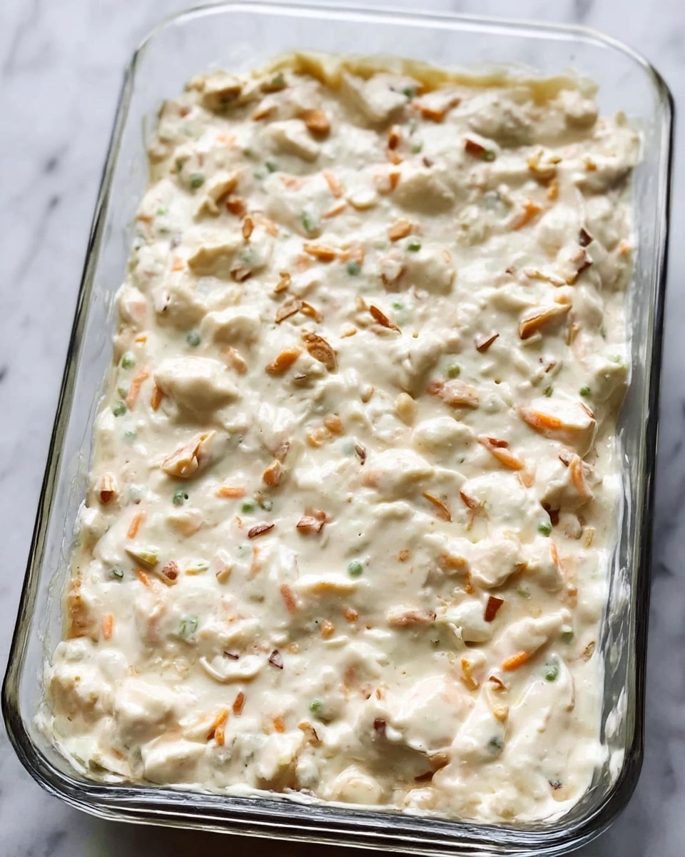 The image shows a clear glass rectangular dish filled with a creamy mixture. The dish has multiple layers of pale white sauce mixed with small bits of orange, green, and light brown pieces spread evenly throughout. The texture looks thick and smooth with chunks giving it a slightly uneven surface. The dish is set on a white marbled surface. photo taken with an iphone --ar 4:5 --v 7