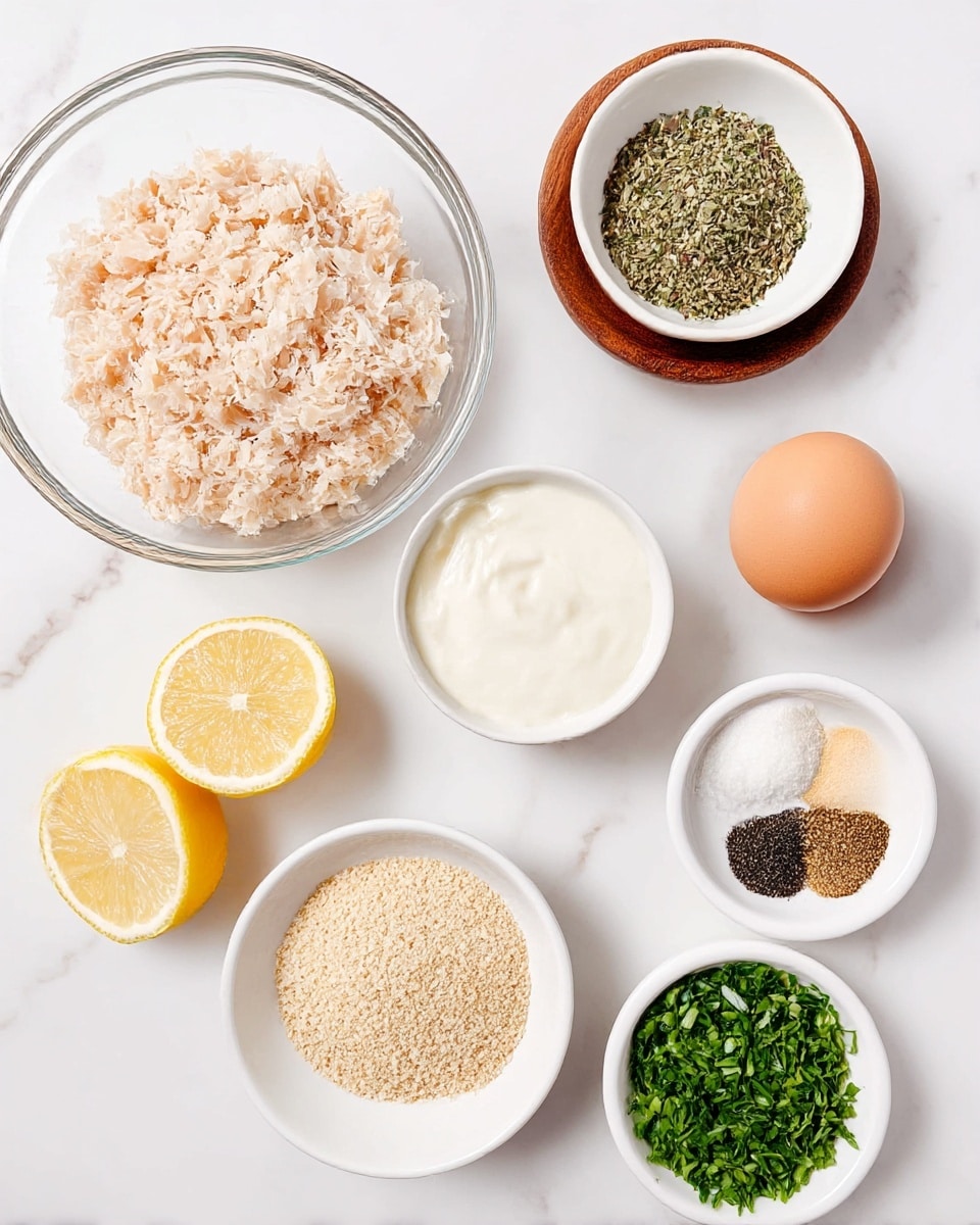 A clear glass bowl in the top left holds light pink shredded pieces that look soft and flaky. To the right of it are three small white bowls arranged vertically; the top one contains a green dried herb mix, the middle one has a smooth white creamy substance in a brown wooden bowl, and the bottom one has four spice sections – white, black, creamy beige, and pale brown – arranged in a circle. Below the glass bowl is a white bowl filled with fine light tan crumbs. Between this bowl and the spices, two halves of a yellow lemon are placed next to a brown egg, all set on a white marbled surface. A small white bowl filled with bright green chopped herbs sits at the bottom right. The layout is clean and neat, all on a white marbled surface. photo taken with an iphone --ar 4:5 --v 7