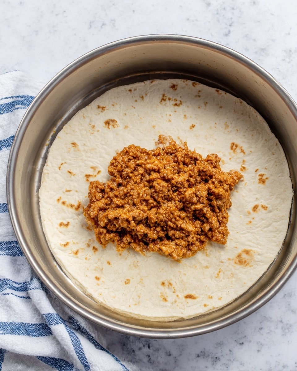 Inside a round metal pan on a white marbled surface, there is one soft white tortilla as the first layer, slightly sprinkled with brown spots. On top of the tortilla, in the center, is a mound of cooked ground meat mixed with sauce, showing a textured surface in warm brown tones with hints of orange. To the left of the pan, a white cloth with blue striped patterns is casually placed. Photo taken with an iphone --ar 4:5 --v 7