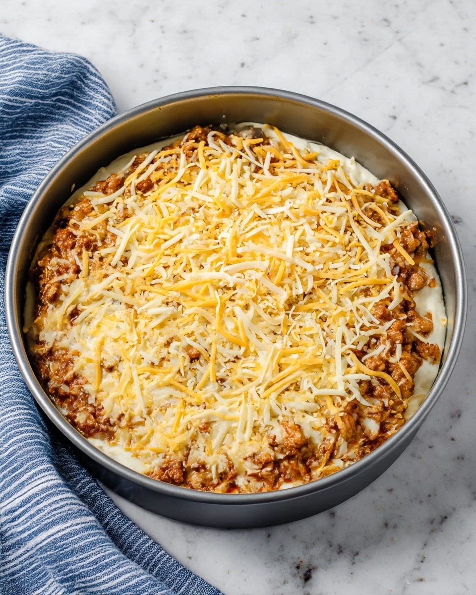 This image shows a round cake pan filled with three clear layers of a savory dish. The bottom layer is smooth and white, likely a thick sauce or batter. The middle layer is chunky with a reddish-brown color, consisting of cooked ground meat mixed with seasoning. The top layer is a mix of shredded yellow and white cheese spread evenly over the meat. The pan is on a white marbled surface with a folded blue and white striped cloth to the side. Photo taken with an iphone --ar 4:5 --v 7