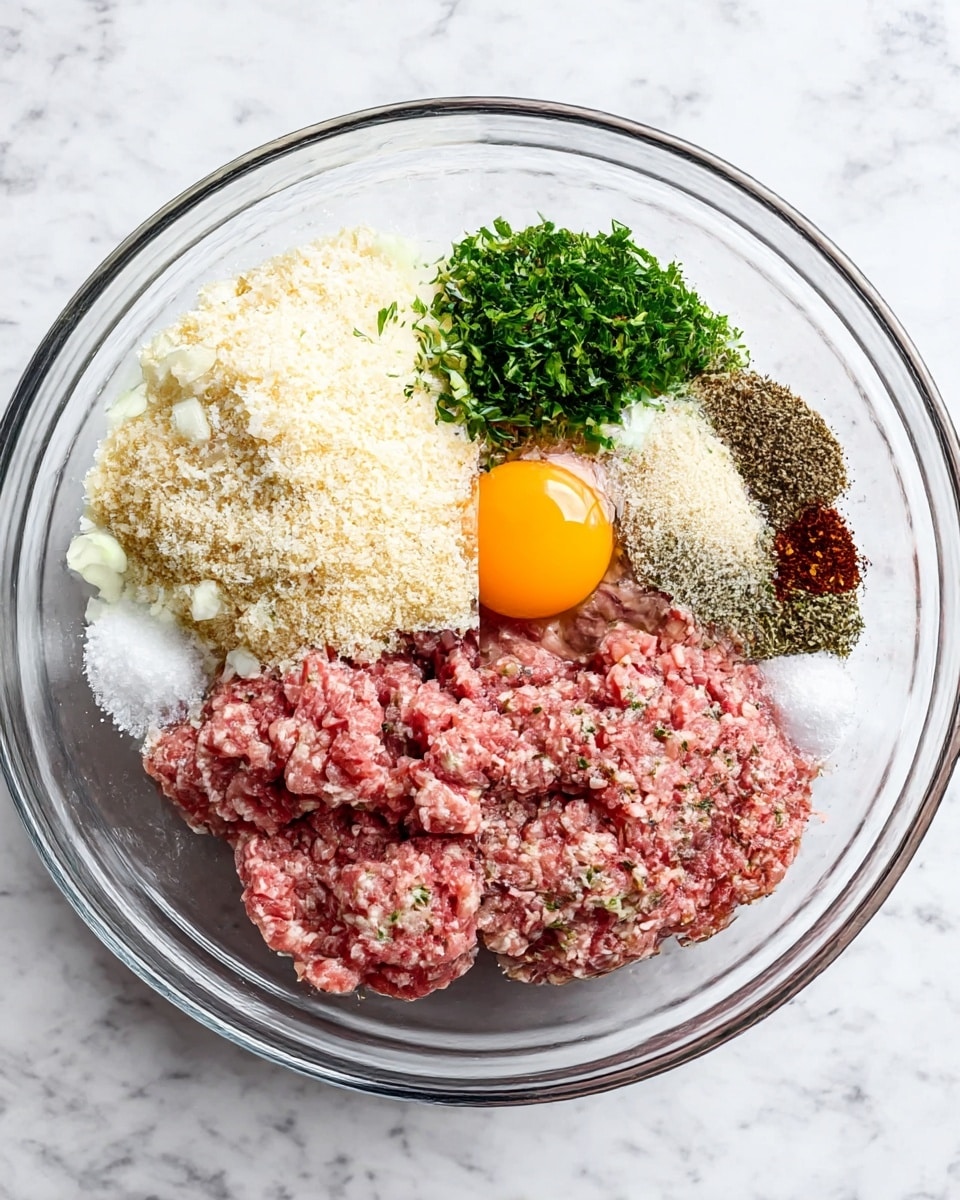 In a clear glass bowl on a white marbled surface, there is a mix of raw ground meat as the base, topped with separate piles of pale grated cheese, light brown breadcrumbs, finely chopped white onions, and fresh green chopped herbs. There is also a raw bright orange egg yolk sitting on the meat, along with small piles of white salt, black pepper, dried herbs, and a reddish spice; all ingredients are clearly separated before mixing. Next to this, in another clear glass bowl on the same surface, the ingredients have been combined into a smooth, uniform mixture with a slightly coarse texture showing bits of herbs and onions mixed throughout the pinkish meat. photo taken with an iphone --ar 4:5 --v 7