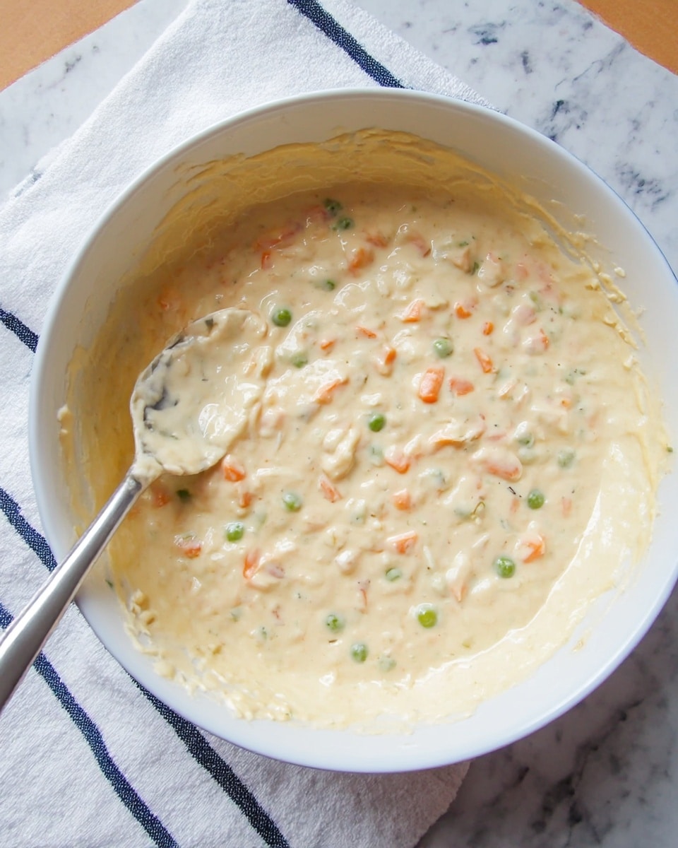 A close-up of a thick creamy batter mixed with small soft chunks of orange carrots, green peas, and some pale beige bits evenly spread throughout, all sitting inside a large white bowl with a smooth glossy surface. A metal spoon rests on the left side of the bowl with some batter on it. The bowl is placed on a white marbled surface with a folded white cloth underneath, decorated with black and blue stripes. The batter has a smooth texture with vegetable pieces offering slight color contrast. Photo taken with an iphone --ar 4:5 --v 7