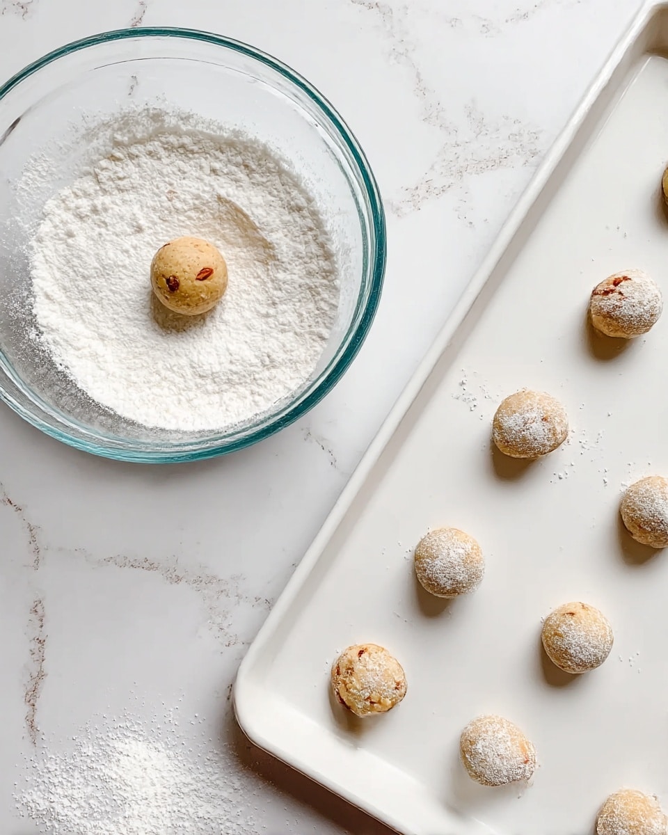 There is a clear glass bowl on the left filled halfway with white powdered sugar, and one light brown ball with small nut pieces is placed inside resting on the sugar. On the right, a white baking tray holds eight similar light brown nut balls evenly spaced, one of which near the bottom left corner is partially covered in powdered sugar. The background surface is a white marbled texture. photo taken with an iphone --ar 4:5 --v 7