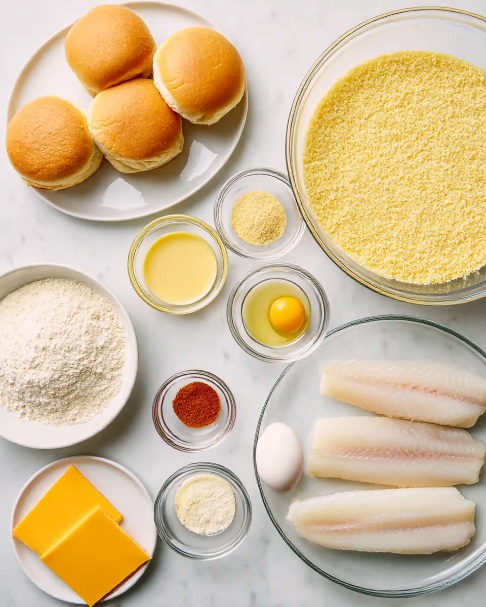 A white marbled surface shows a neat arrangement of ingredients for cooking fish sandwiches. On the top left, three golden brown sandwich buns sit on a white plate. To the right, a large clear bowl is filled with light yellow breadcrumbs, beside it is another big clear bowl holding a yellow batter mixture. Below, three medium-sized raw white fish fillets lie in a clear round dish on the right side. Near the middle, small clear bowls contain a single raw egg yolk, light yellow mustard, white salt, reddish paprika, and a white thick sauce with herbs. On the bottom left, a small pile of pale yellow flour and a small mound of white baking powder sit in separate bowls. Next to them, three slices of orange-yellow cheese rest on a white plate. The ingredients are clearly separated and easy to identify. photo taken with an iphone --ar 4:5 --v 7
