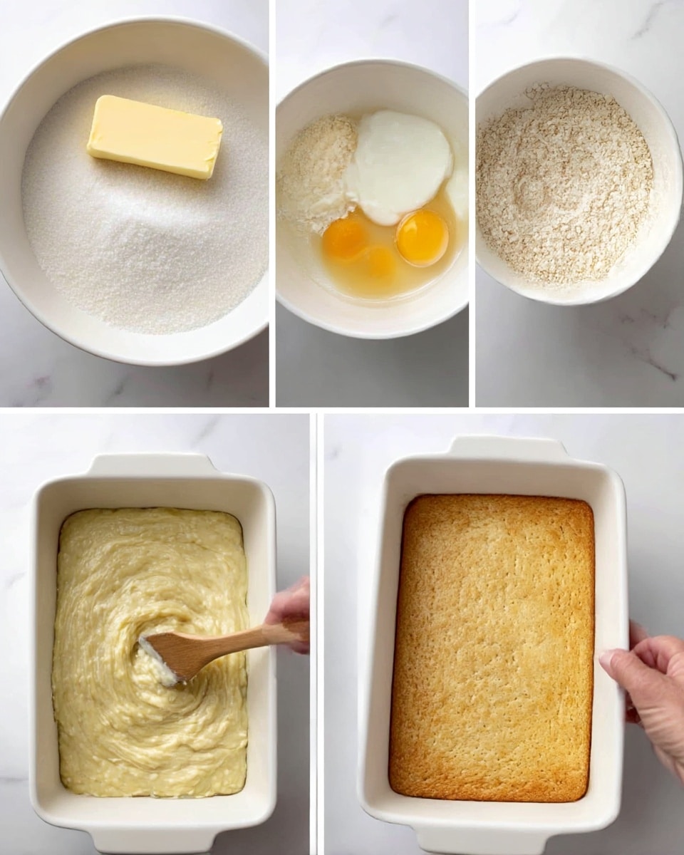 Six images show the process of making a baked dish, likely banana cake, staged on a white marbled surface. The first image shows a white bowl with a stick of pale yellow butter resting on a pile of white sugar. The second image has the same bowl now containing flour, two raw eggs with bright yellow yolks, white sour cream or yogurt, and light brown vanilla or almond extract. The third image shows light batter with added flour and baking powder or soda on top. The fourth image displays the batter thickened and creamy with mashed yellow-green bananas being mixed in with a wooden spatula held by a woman's hand. The fifth image shows smooth pale yellow batter evenly spread in a white rectangular baking dish. The sixth image reveals a golden brown, freshly baked cake with a soft, slightly textured surface in the same baking dish. Photo taken with an iphone --ar 4:5 --v 7