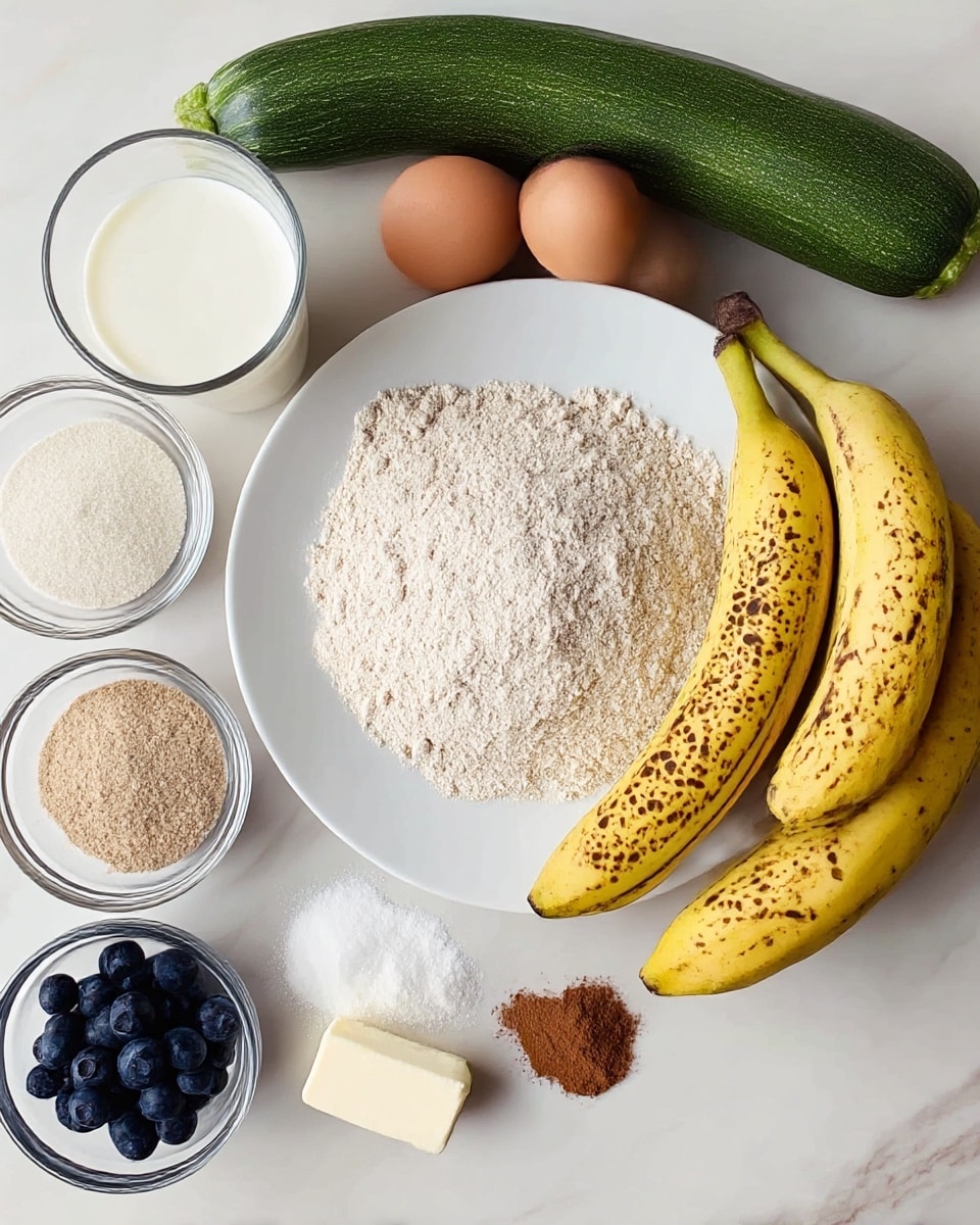 A white plate filled with a light beige dry mixture, with two small piles of white powder and a small pile of cinnamon on the right side of the plate. Next to the plate, two ripe yellow bananas with many brown spots are placed side by side. Above the bananas, two brown eggs lie next to a green zucchini. On the left side, a transparent cup filled with white milk is placed near a small white bowl full of light brown sugar and another clear bowl with dark blue blueberries. A small white stick of butter rests near the zucchini on a white marbled surface photo taken with an iphone --ar 4:5 --v 7