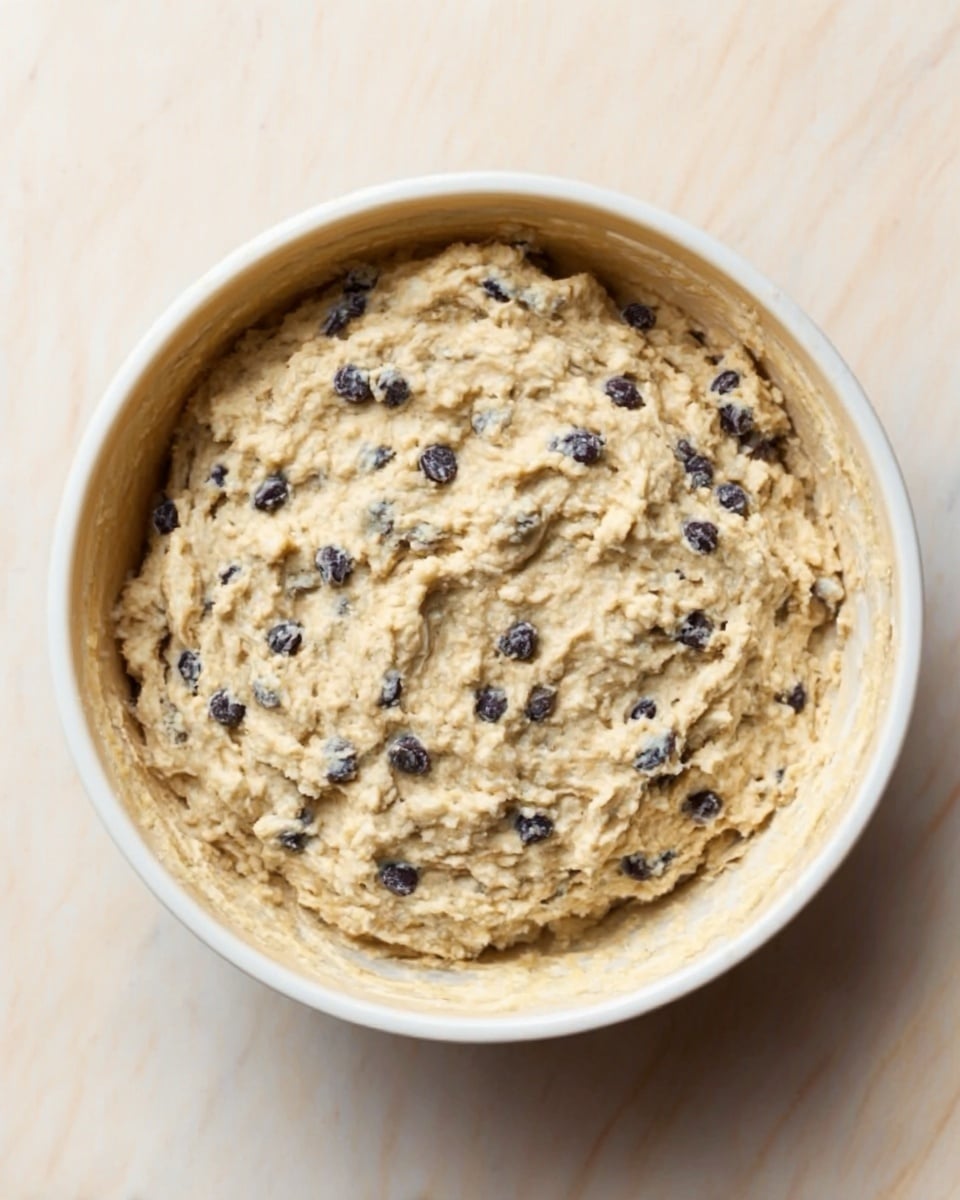 A white bowl filled with thick, light beige batter mixed with small dark chocolate chips scattered evenly throughout the surface. The batter has a rough, slightly lumpy texture and fills most of the bowl, which sits on a white marbled surface. The image is closely framed to focus on the bowl and the batter inside. photo taken with an iphone --ar 4:5 --v 7