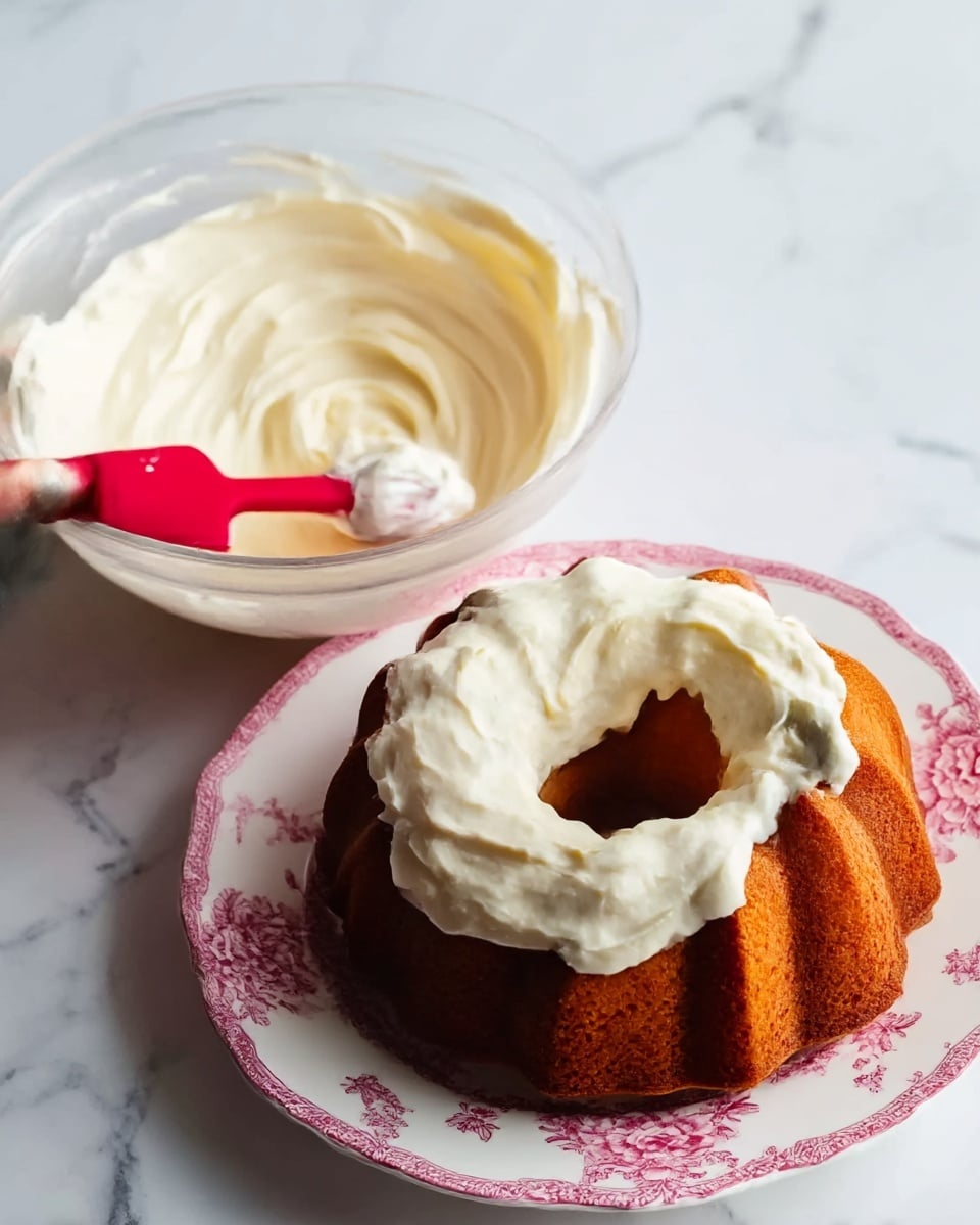 The left side shows a clear bowl with smooth, creamy white frosting being mixed with a red spatula. On the right side, a white plate with light pink floral patterns holds a golden brown bundt cake. The frosting is being spread unevenly on the top half of the cake with a metal spatula held by a woman's hand. The background is a white marbled texture. photo taken with an iphone --ar 4:5 --v 7