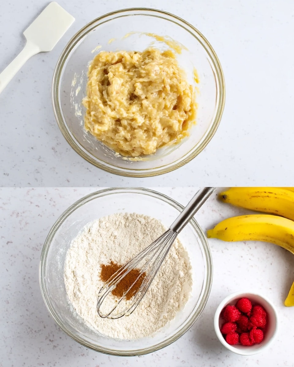 The first image shows a clear glass bowl with a thick, lumpy mashed banana mixture inside, colored pale yellow with some darker yellow bits. In the background, on a white marbled surface, there is a white spatula and a white bowl filled with flour. The second image displays the same clear glass bowl, now filled with white flour mixed with a small pile of ground cinnamon in the center. Around the bowl, on the same white marbled surface, are a small white bowl of fresh red raspberries, a few ripe yellow bananas with brown spots, and a metal whisk resting inside the bowl. photo taken with an iphone --ar 4:5 --v 7