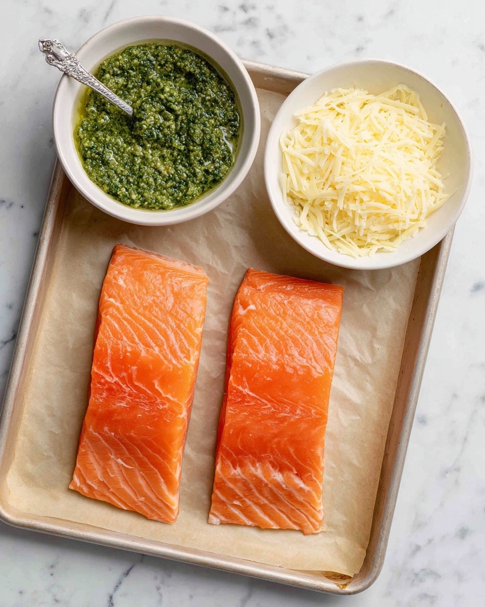 Two bright orange salmon fillets lie side by side on a baking tray lined with parchment paper, showing smooth, fresh texture with visible white lines of fat. Above the tray, there are two white bowls placed on a white marbled surface. The bowl on the left holds green prepared pesto with a slightly chunky texture and a spoon inside, while the bowl on the right is filled with pale yellow shredded Parmesan cheese, soft and light in texture. The whole setup is neat and clean, with the colors of the salmon, pesto, and cheese standing out clearly. Photo taken with an iphone --ar 4:5 --v 7