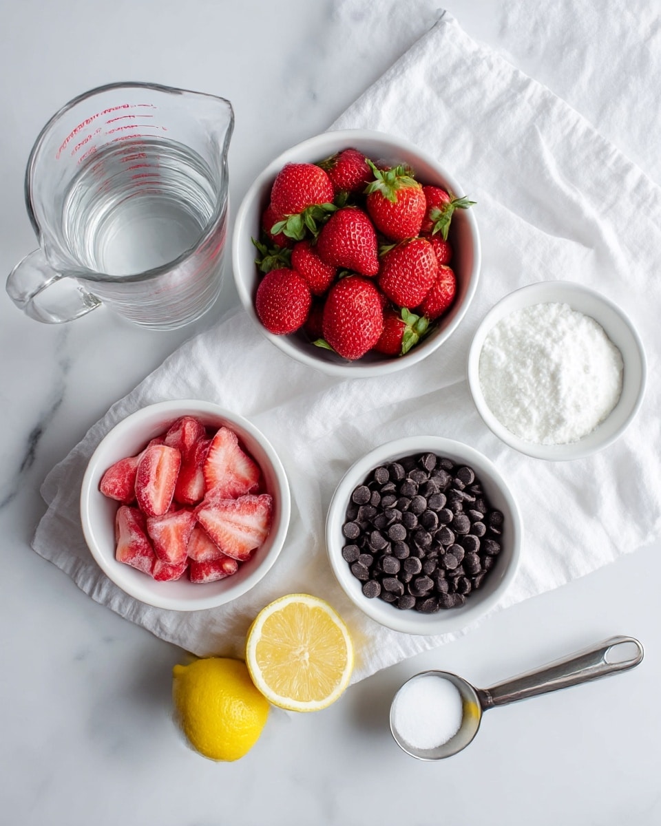 The image shows a white marbled surface with a white cloth spread on it. On top are six items arranged neatly: a clear glass measuring cup filled with water on the left, a white bowl full of fresh red strawberries with green leaves near the top center, a white bowl of dark chocolate chips in the middle, a white bowl filled with white sugar on the right, a white bowl of frozen strawberry slices on the bottom left, a whole lemon with one lemon half in front of it near the bottom center, and a metal measuring spoon with white coconut oil on the right side. photo taken with an iphone --ar 4:5 --v 7