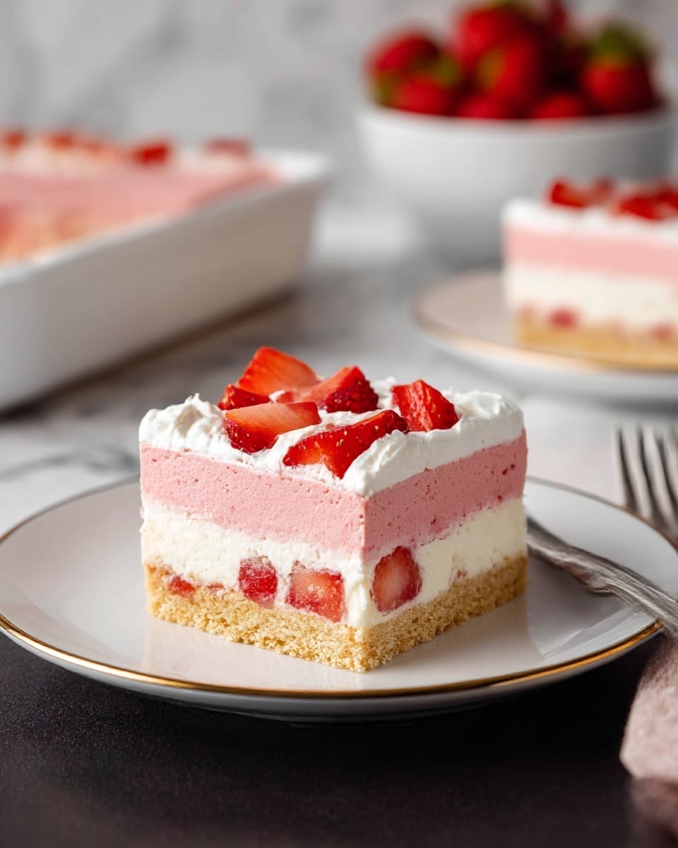 The image shows a square slice of a strawberry dessert on a white plate with a thin gold rim, placed on a dark surface against a white marbled texture background. The dessert has four layers: a light brown crumbly base, a thick creamy white middle layer, a thick pink strawberry mousse layer on top, and a final layer of white whipped cream with fresh red strawberry pieces scattered on it. In the blurry background, there is a white bowl filled with whole strawberries and a white dish with more of the same dessert. A fork is placed near the plate, and the scene is softly lit to highlight the dessert's textures. Photo taken with an iphone --ar 4:5 --v 7