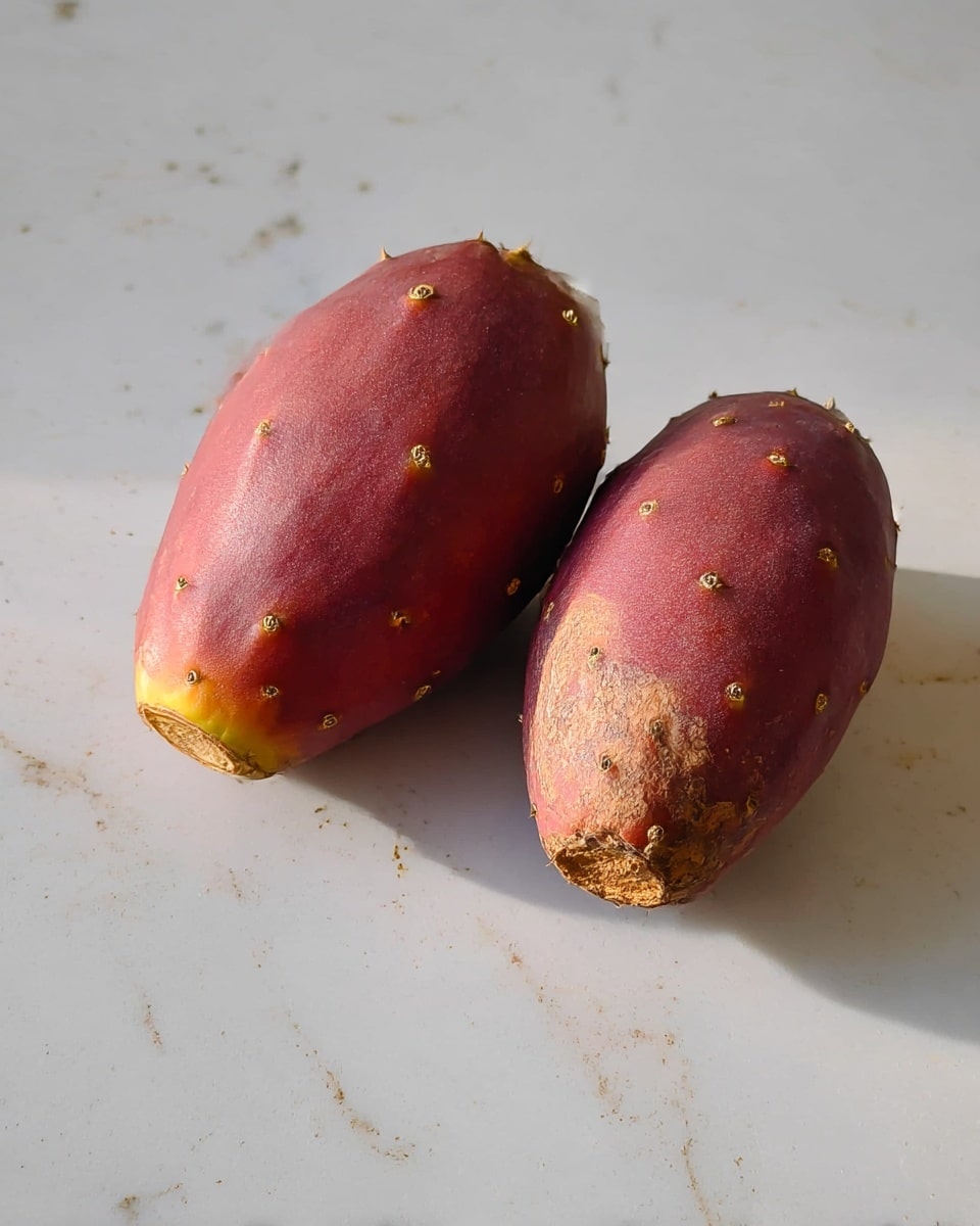 Two reddish-brown prickly pears lie side by side on a white marbled surface. Their skins are textured with small, lighter spots scattered around, showing a rough but natural look. The left prickly pear is more pointed at one end with a yellowish tip, while the right one has a rounded end with a rougher, slightly brown patch. The lighting reveals gentle shadows beneath the fruits, highlighting their plump and fresh form. Photo taken with an iphone --ar 4:5 --v 7