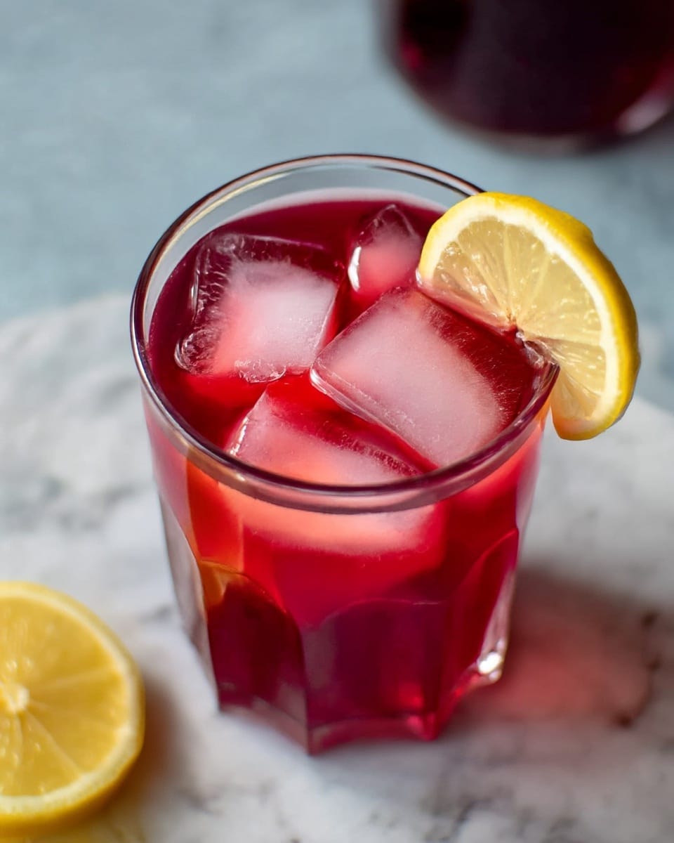 A clear glass cup is filled with bright red liquid and large ice cubes floating on top. A thin yellow lemon slice is placed on the rim of the cup on the right side. The cup sits on a white marbled surface with a lemon slice partially visible nearby. The background shows a blurred glass with a dark red drink. photo taken with an iphone --ar 4:5 --v 7