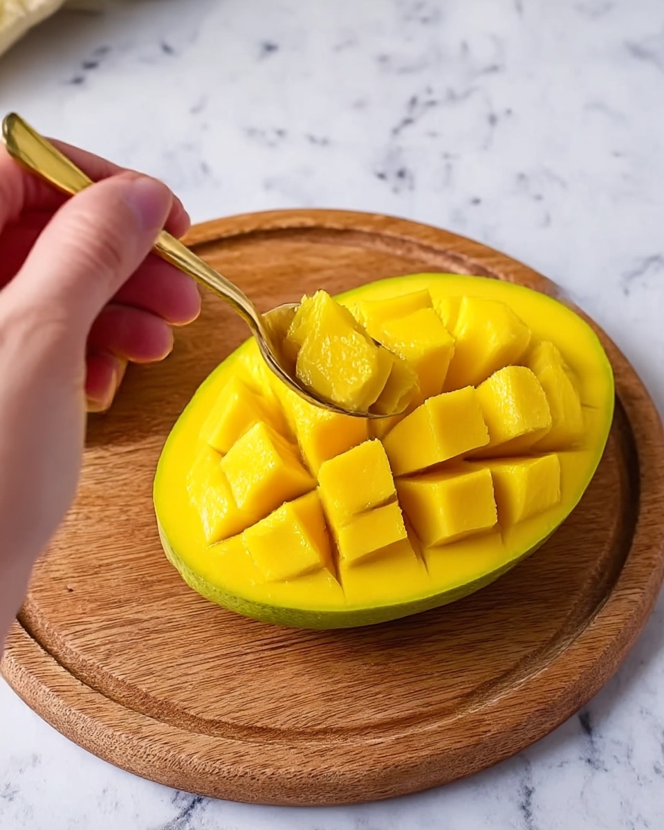 A woman's hand is holding a bright yellow mango half that is sliced into small cubes, with the skin acting as a base. Another woman's hand is using a gold spoon to scoop out the mango pieces. The background is a round wooden board placed on a white marbled surface. The mango's smooth, juicy texture is clearly visible with the cubes neatly arranged in rows. Photo taken with an iphone --ar 4:5 --v 7
