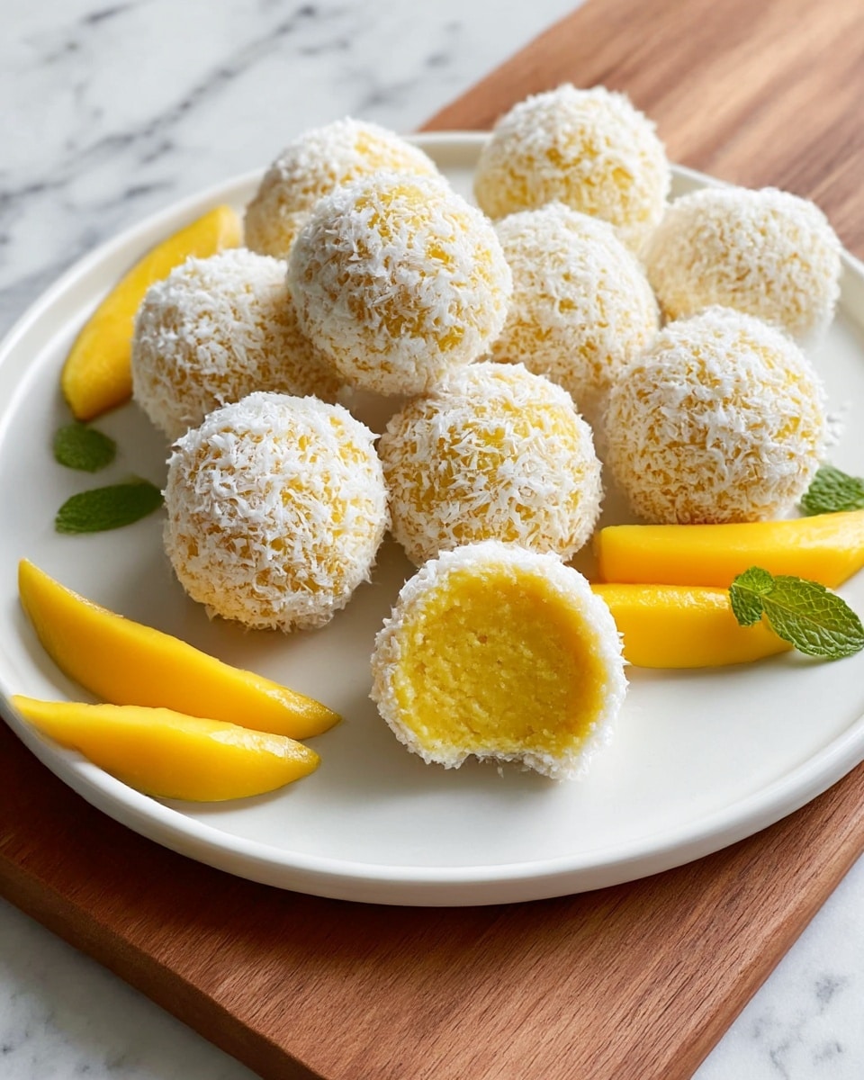 A white plate holds nine round mango-flavored balls, each coated with shredded white coconut flakes giving them a textured outer layer; one ball is cut open in front, showing a smooth, dense yellow mango filling inside. Around the balls, there are three small yellow mango wedges, one positioned near the center-left and two near the bottom of the plate, all glossy and fresh. Small green mint leaves are placed near the mango wedges for a pop of color. The plate rests on a wooden board, and the surface underneath is a white marbled texture. Photo taken with an iphone --ar 4:5 --v 7
