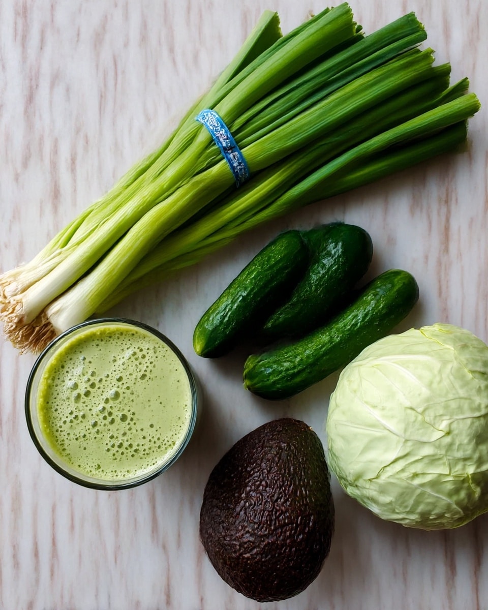 The image shows a collection of fresh vegetables and a glass filled with a green smoothie, all placed on a white marbled surface. There is a full bunch of bright green spring onions at the top, tied with a blue band. Below it, three small dark green cucumbers lie next to a large ripe avocado with dark, bumpy skin. On the right side, a pale green cabbage head sits with a smooth, round shape and slightly crinkled leaves. To the left of the cucumbers, a clear glass cup is filled with a thick light green smoothie that has tiny bubbles on top. The arrangement is simple and clear with natural lighting. photo taken with an iphone --ar 4:5 --v 7