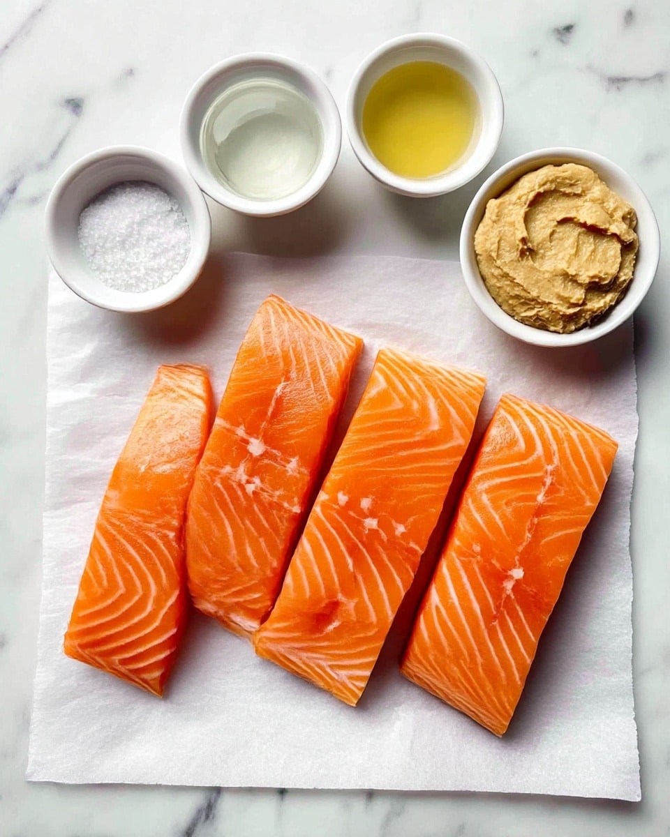 The image shows four pieces of raw salmon with bright orange flesh and white lines placed side by side on a white parchment paper. Above the salmon pieces, there are four small white bowls in a row containing different ingredients: a clear liquid, white granulated salt, a light yellow liquid, and a thick light brown paste. All items are placed on a white marbled surface. photo taken with an iphone --ar 4:5 --v 7