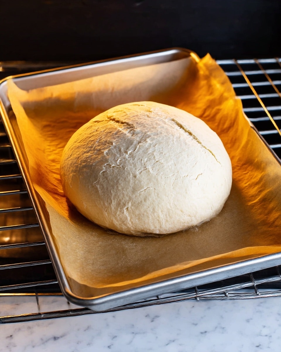 A round loaf of bread is baking on a sheet lined with light brown parchment paper inside an oven. The bread has a smooth, pale golden crust with some cracked lines on top, showing its soft texture underneath. The rectangular metal baking sheet rests on shiny silver oven racks, and the warm light from the oven highlights the bread’s surface. The background and surrounding area have a clean white marbled texture. photo taken with an iphone --ar 4:5 --v 7