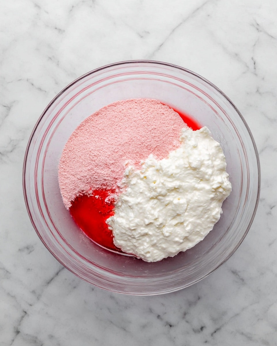 A clear glass bowl sits on a white marbled surface, holding two layers of ingredients side by side. On the right, there is a thick, white, lumpy creamy layer. On the left, a bright pink powder makes a smooth layer next to the white, with a small area of vibrant red liquid blending slightly into both. The ingredients are unmixed and fill about half the bowl. Photo taken with an iphone --ar 4:5 --v 7