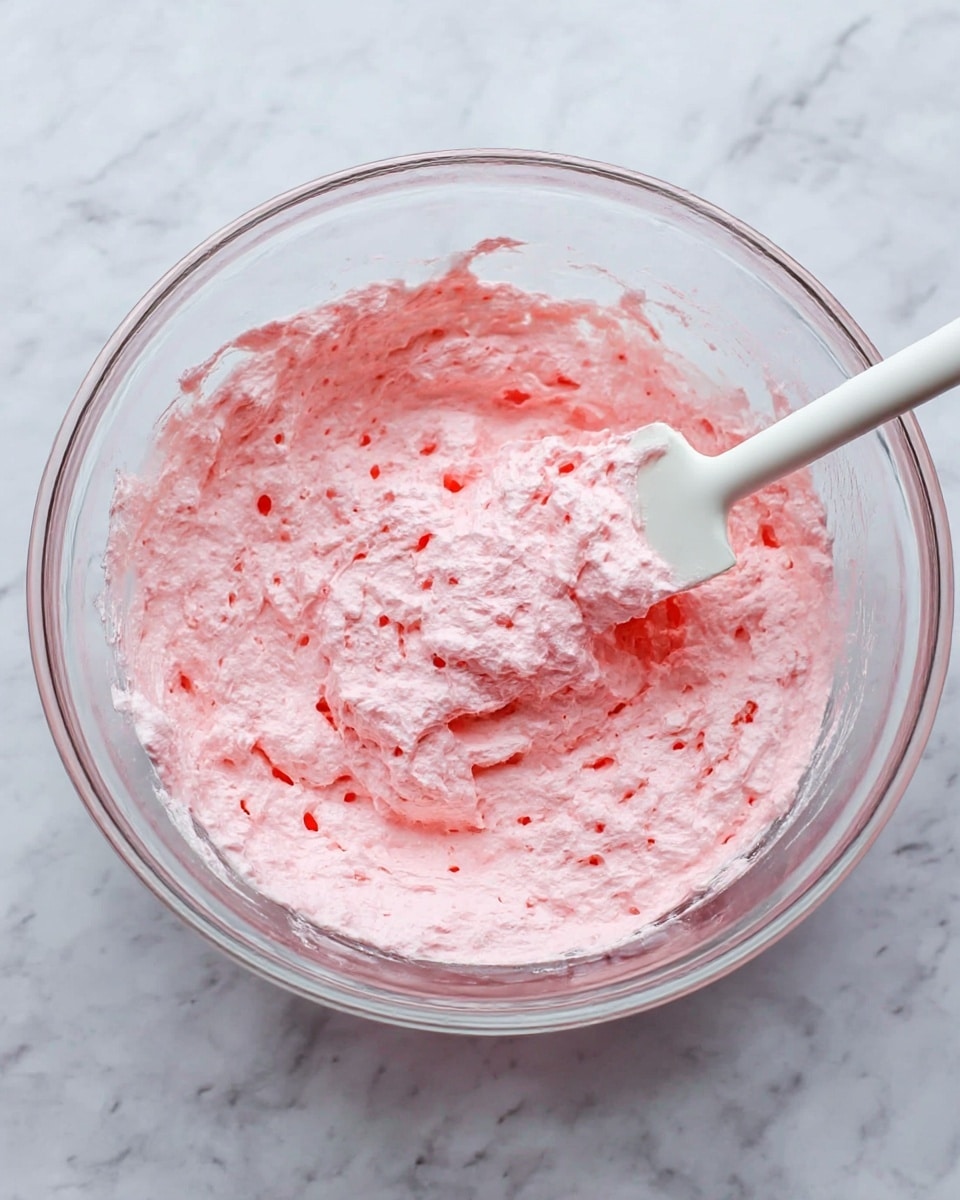 A clear glass bowl filled almost to the top with a fluffy, light pink whipped mixture that has a soft, airy texture with small air pockets throughout. A white spatula with some of the mixture on it rests inside the bowl near the top right side. The bowl sits on a white marbled surface with subtle gray veins, giving the scene a clean and fresh look. photo taken with an iphone --ar 4:5 --v 7
