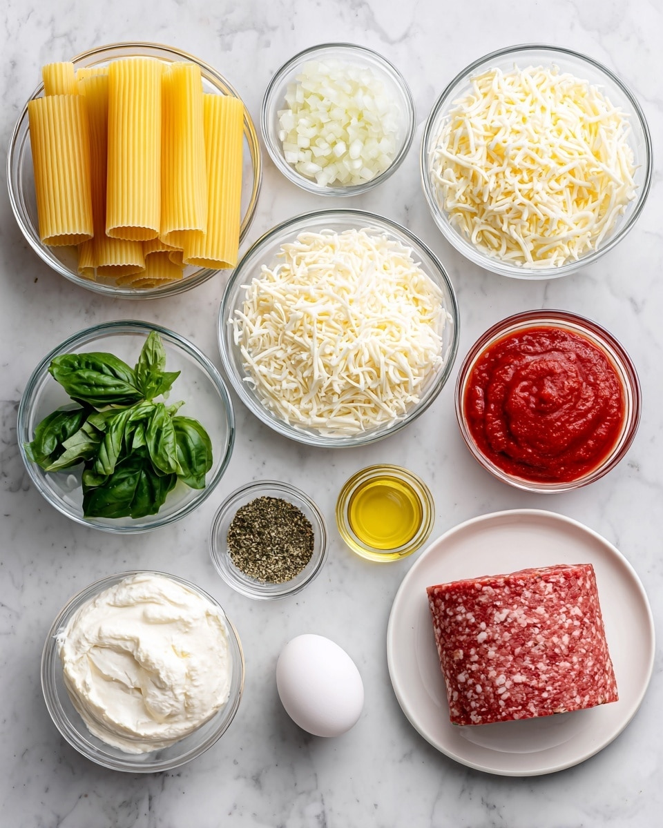 The image shows a white marbled surface with different ingredients neatly arranged for cooking. On the left, a clear glass bowl holds several yellow maniacotti pasta tubes, ribbed and stacked horizontally. Next to it, a small clear bowl contains finely chopped white onion pieces. Below the onion is a white container filled with smooth, creamy ricotta cheese. A small clear bowl of fresh green basil leaves is placed below the ricotta. Toward the center, a large clear bowl is filled to the top with shredded white mozzarella cheese, and above it, a smaller clear bowl holds a light yellow heap of grated parmesan cheese. To the right of the parmesan bowl is a small clear bowl of greenish Italian seasoning. Below the mozzarella bowl is a plain white egg resting on the marbled surface. Next to it, a tiny clear bowl contains white salt and black pepper mix. On the far right side, a round white plate holds a bright red block of Italian sausage with textured meat. Above that, there is a small clear bowl filled with finely minced golden garlic. Next to the garlic, a tall glass jar is filled with deep red marinara sauce. Above everything, a tiny clear cup contains pale yellow olive oil. All items are well spaced, clear, and distinctly colored. photo taken with an iphone --ar 4:5 --v 7