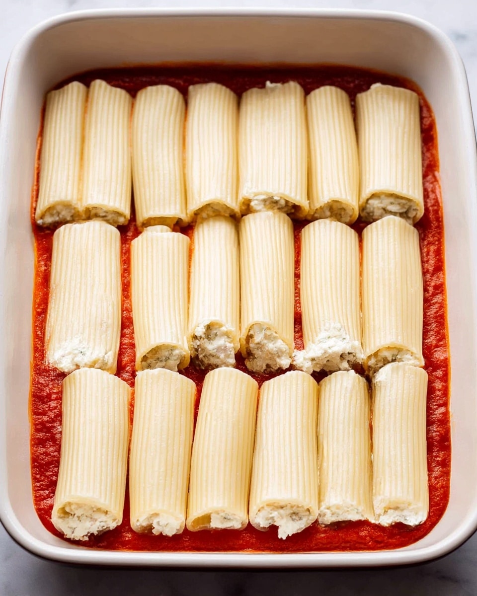 A white baking dish holds a single layer of large beige rigatoni pasta tubes arranged neatly in two rows, placed on top of a thin layer of bright red tomato sauce that spreads evenly across the bottom. Each tube is filled with a creamy white cheese mixture that includes small visible bits of herbs and possibly sausage. The rigatoni has a slightly ridged texture and a smooth, soft appearance. The white marbled surface is faintly visible around the baking dish edges. photo taken with an iphone --ar 4:5 --v 7
