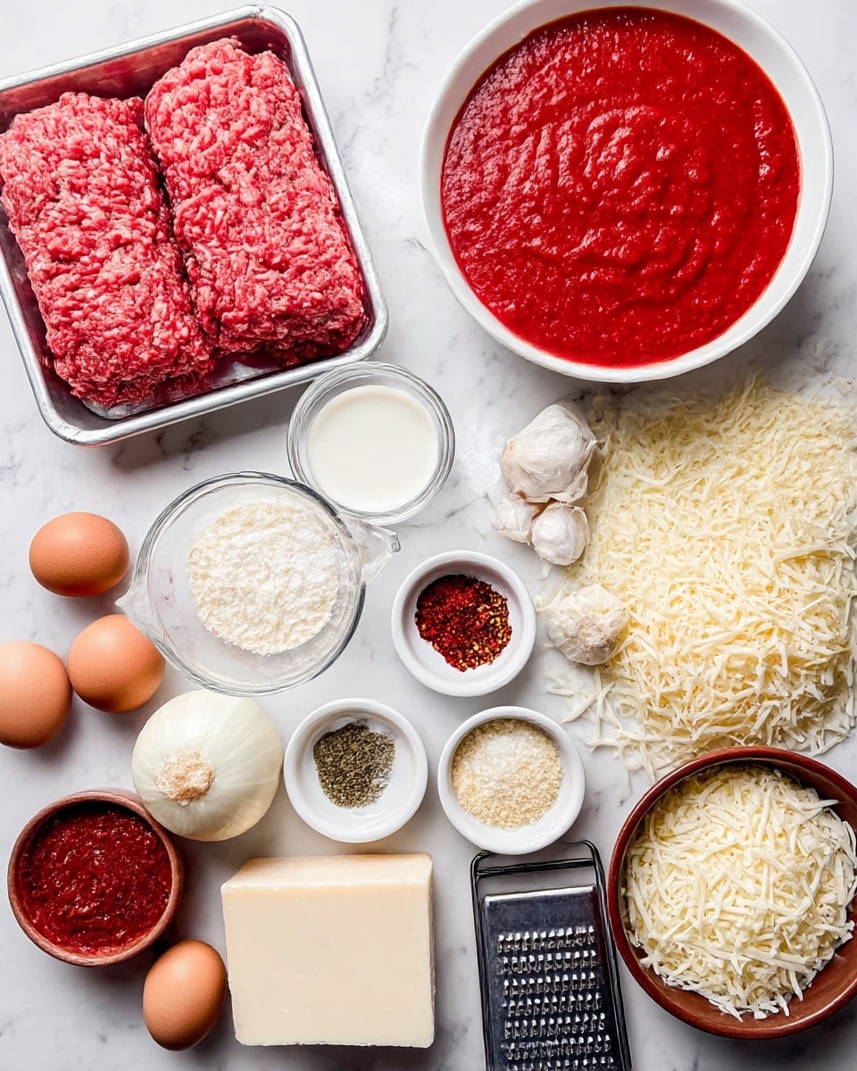 The image shows many ingredients neatly arranged on a white marbled surface. In the top left, two large portions of raw ground meat lie in a silver tray, side by side. To the right, there is a white bowl filled with smooth, thick red tomato sauce. Next to it is a clear measuring cup with white liquid and several small white bowls holding garlic powder, salt, and red chili flakes. Below the meat, a white bowl holds light beige breadcrumbs, and smaller bowls contain dried herbs and tomato paste. Two brown eggs rest near the bottom left. In the center, there is a round piece of mozzarella cheese next to a large pile of shredded cheese on the marbled surface. A grater with a block of hard cheese is placed close by. On the right side, a brown bowl filled with finely chopped white onions and whole cloves of garlic complete the ingredients. Photo taken with an iphone --ar 4:5 --v 7