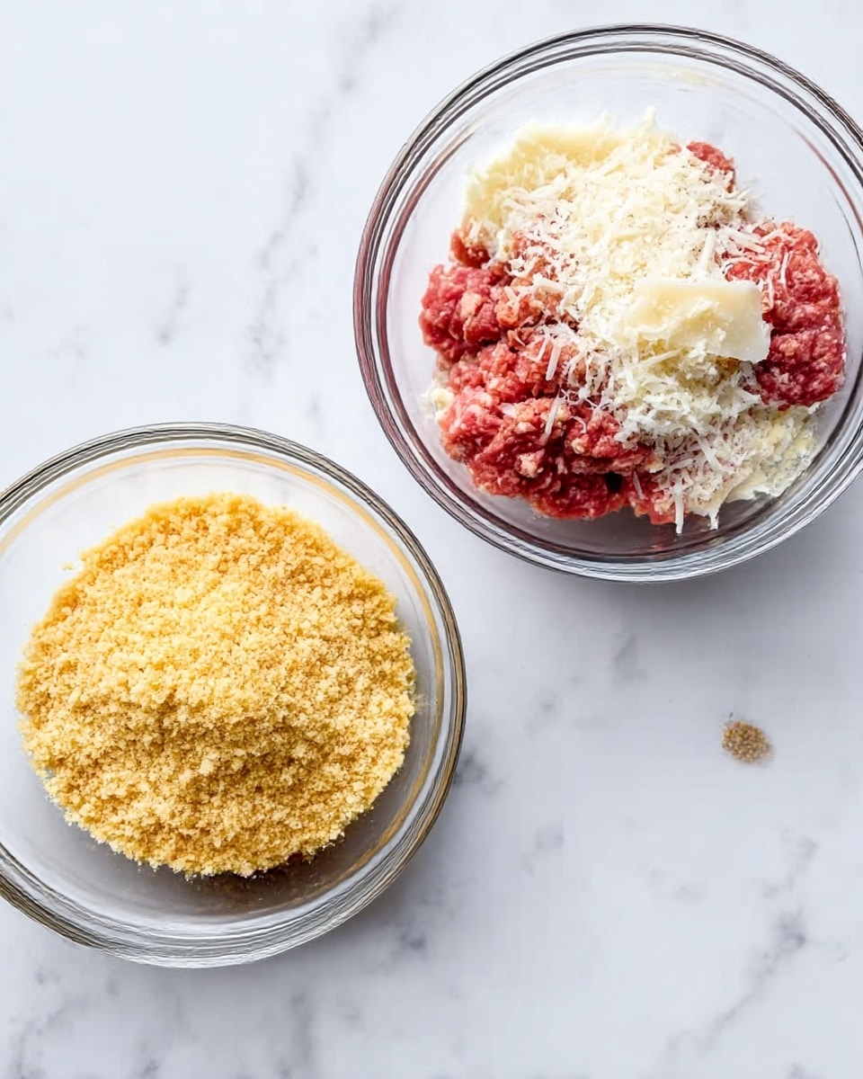 The image shows two clear glass bowls on a white marbled surface. The bowl on the left contains a single layer of golden-yellow breadcrumbs with a crumbly texture. The bowl on the right holds multiple layers visible from above: starting with the same golden-yellow breadcrumbs at the base, topped by raw ground meat pieces in red and light pink colors, white shredded cheese scattered over the meat, and a few loose white and brown spices sprinkled around the cheese. Photo taken with an iphone --ar 4:5 --v 7
