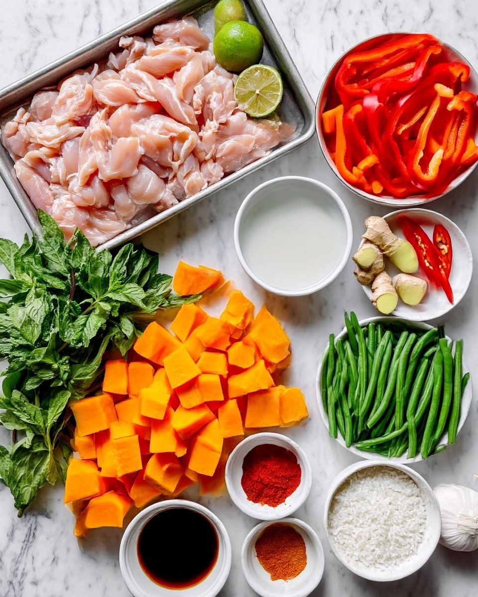 The image shows many fresh ingredients laid out on a white marbled surface. On the left, there is a metal tray filled with raw sliced chicken, light pink in color. Below it, bunches of green mint leaves and two lime halves are placed. Next to the chicken and mint, there is a pile of bright orange cubed pumpkin. To the right of the pumpkin, there are fresh green beans cut into pieces arranged in a small pile, with two slices of ginger and red chili peppers above them. Further right, there is a white bowl holding orange sliced carrots. Above that bowl, another white bowl contains sliced red bell peppers. In the center, small white bowls hold a thick white coconut milk, dark soy sauce, brown sugar, and red chili powder. To the right of the carrot bowl, there is a small white bowl with plain white rice and a garlic bulb next to it. The overall scene is bright and colorful, showing fresh vegetable and spice ingredients ready for cooking. Photo taken with an iphone --ar 4:5 --v 7