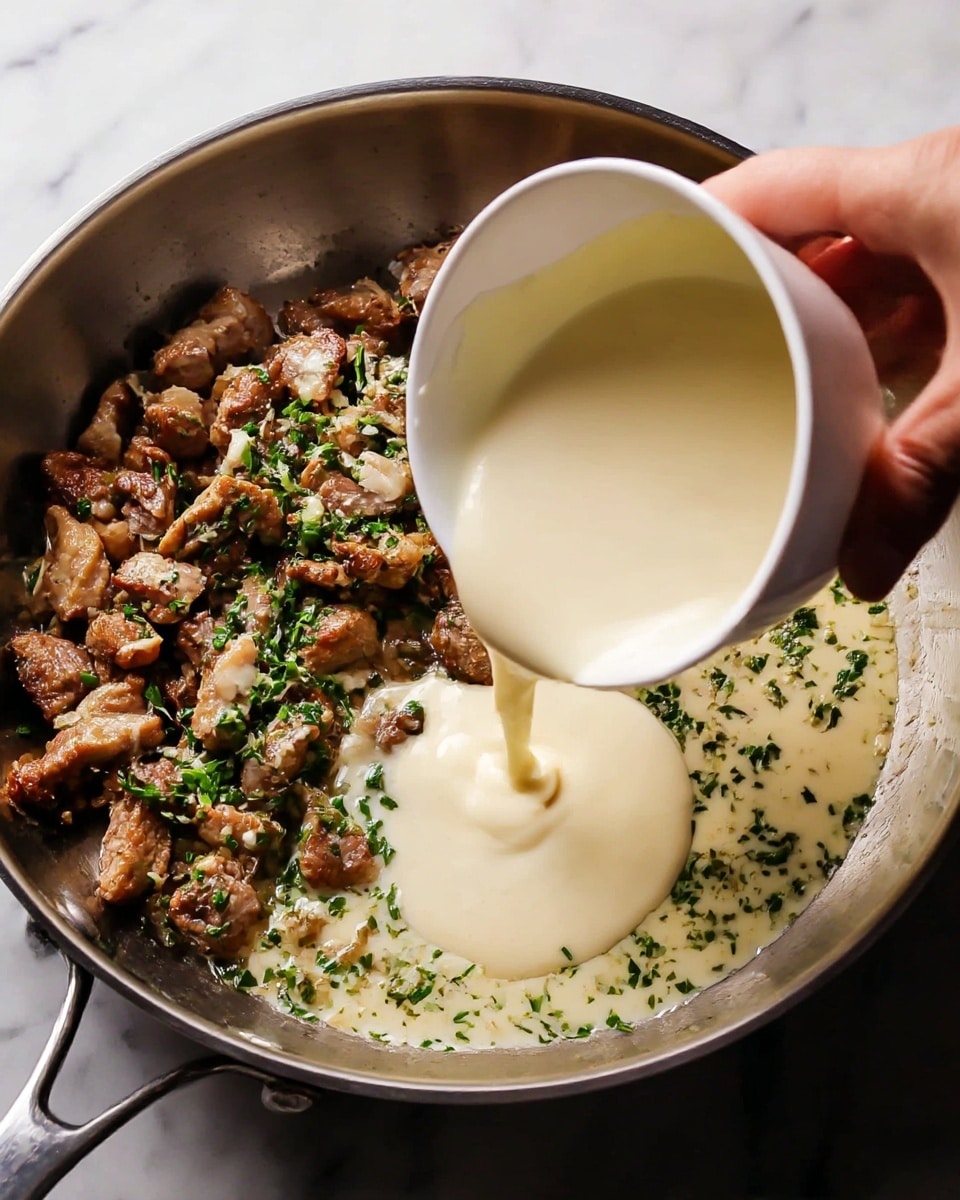 A close-up view of a stainless steel pan with browned, cooked meat mixed with green herbs on the left side. On the right side, a white bowl with smooth, light cream sauce is being poured by a woman's hand into the pan, spreading over the brown, slightly oily textured surface with scattered green herbs. The background shows a white marbled texture beneath the pan. photo taken with an iphone --ar 4:5 --v 7