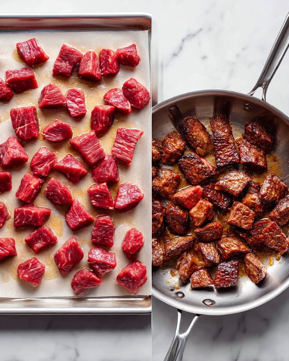 The image shows two side-by-side views of beef pieces. On the left, many raw red beef chunks are spread out evenly on a silver baking tray lined with parchment paper, with a slight shine indicating some oil. On the right, the same pieces are cooked and browned, laid out in a silver frying pan with a slight char and caramelized texture on each piece. Both items rest on a white marbled surface. photo taken with an iphone --ar 4:5 --v 7