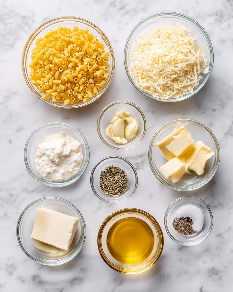 The image shows eight small clear glass bowls arranged on a white marbled surface, each holding a different cooking ingredient. There is bright yellow ditalini pasta filling a bowl in the top left, creamy grated parmesan cheese in a bowl near the center, and thick white half and half in a bowl at the bottom left. To the top right, a bowl holds golden chicken broth, while a small bowl below it has minced garlic. Small clear bowls contain clear olive oil, pale yellow butter slices, and a mix of black pepper and white salt. Each ingredient is neatly placed with good lighting and no spills, creating a clean and organized scene. Photo taken with an iphone --ar 4:5 --v 7