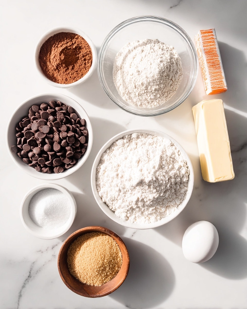 A white marbled surface holds seven small round bowls and a stick of butter arranged neatly. The bottom right bowl, the largest, is filled with white flour with a fine texture. Above it and slightly left, a clear glass bowl contains light brown cocoa powder, powdery and smooth. To its left, a smaller white bowl overflows with small, dark brown chocolate chips, shiny and round. Below, another white bowl is filled with light brown sugar, soft and granulated. Above the cocoa powder, a small wooden bowl contains white powdered baking soda, finely ground. Next to it on the right, there is a similar wooden bowl holding a single white egg. A stick of butter wrapped in orange and white paper lies horizontally on the top right. The lighting is soft, bright, and natural, showing the textures clearly, photo taken with an iphone --ar 4:5 --v 7