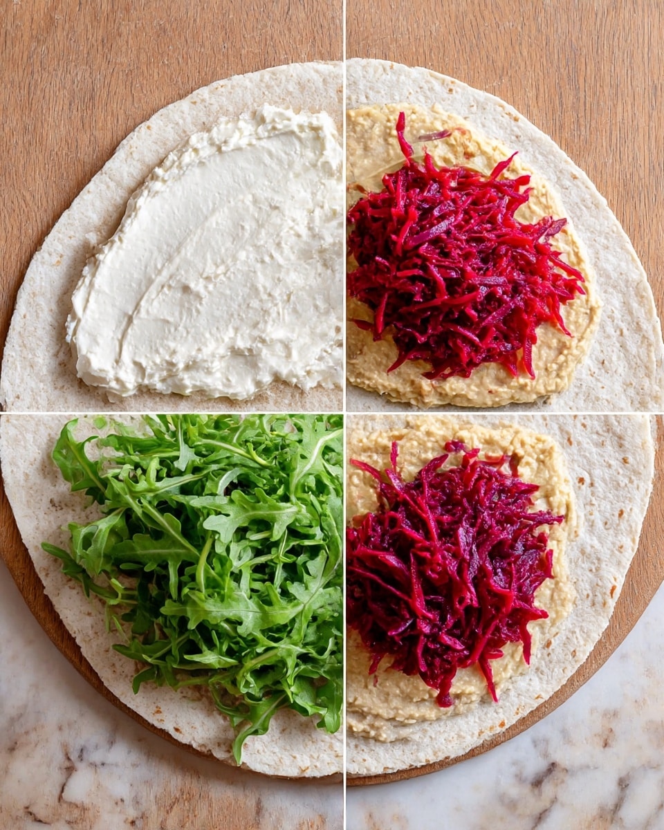 A close-up view of a round tortilla placed on a wooden board, shown in four steps of layering; the first layer is a smooth spread of white cream cheese in the center, the second layer is a spread of beige hummus slightly overlapping the cream cheese, the third layer adds a mound of finely shredded bright red and purple beetroot slaw placed over the hummus, and the final layer features a generous pile of fresh, green arugula leaves layered on top of the beetroot slaw, all arranged on the tortilla with a white marbled surface below. Photo taken with an iphone --ar 4:5 --v 7