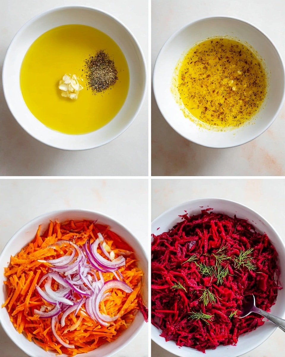 The image shows four stages of making a beet and carrot salad in white bowls placed on a white marbled surface. The first bowl (top left) has three clear layers: a base of yellow olive oil, a smooth layer of honey in the center, and a small pile of finely chopped garlic and black pepper on top. The second bowl (top right) shows these ingredients mixed into a consistent yellow dressing with small bits of garlic and pepper spread throughout. The third bowl (bottom left) contains grated bright red beets and orange carrots topped with thinly sliced light purple onions and fresh green dill sprigs. The fourth bowl (bottom right) displays this mix fully combined into a uniform vivid red salad, with some scattered green herb pieces and a spoon partially visible inside the bowl. Photo taken with an iphone --ar 4:5 --v 7