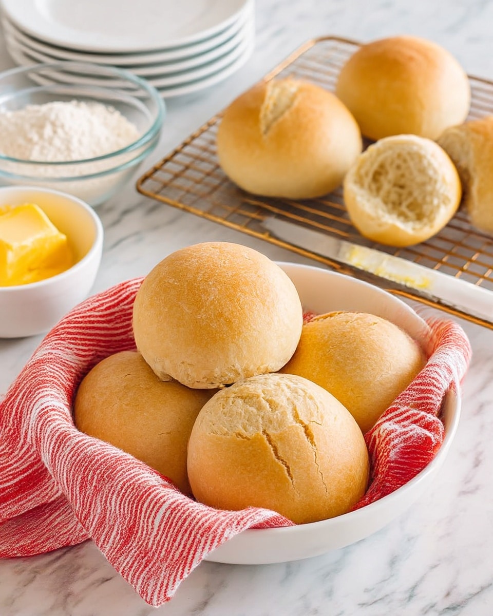 The image shows four golden brown bread rolls with a smooth, slightly cracked surface inside a white bowl lined with a red and white striped cloth. One bread roll is slightly more cracked on top, showing a light texture. Behind the bowl, a cooling rack with more bread rolls is visible; one roll is split open, revealing a soft, light interior. Near the cooling rack, there is a white knife with butter on it and a shallow white dish filled with yellow butter. To the left, a glass bowl with flour and a stack of white plates can be seen, all set on a white marbled surface. photo taken with an iphone --ar 4:5 --v 7