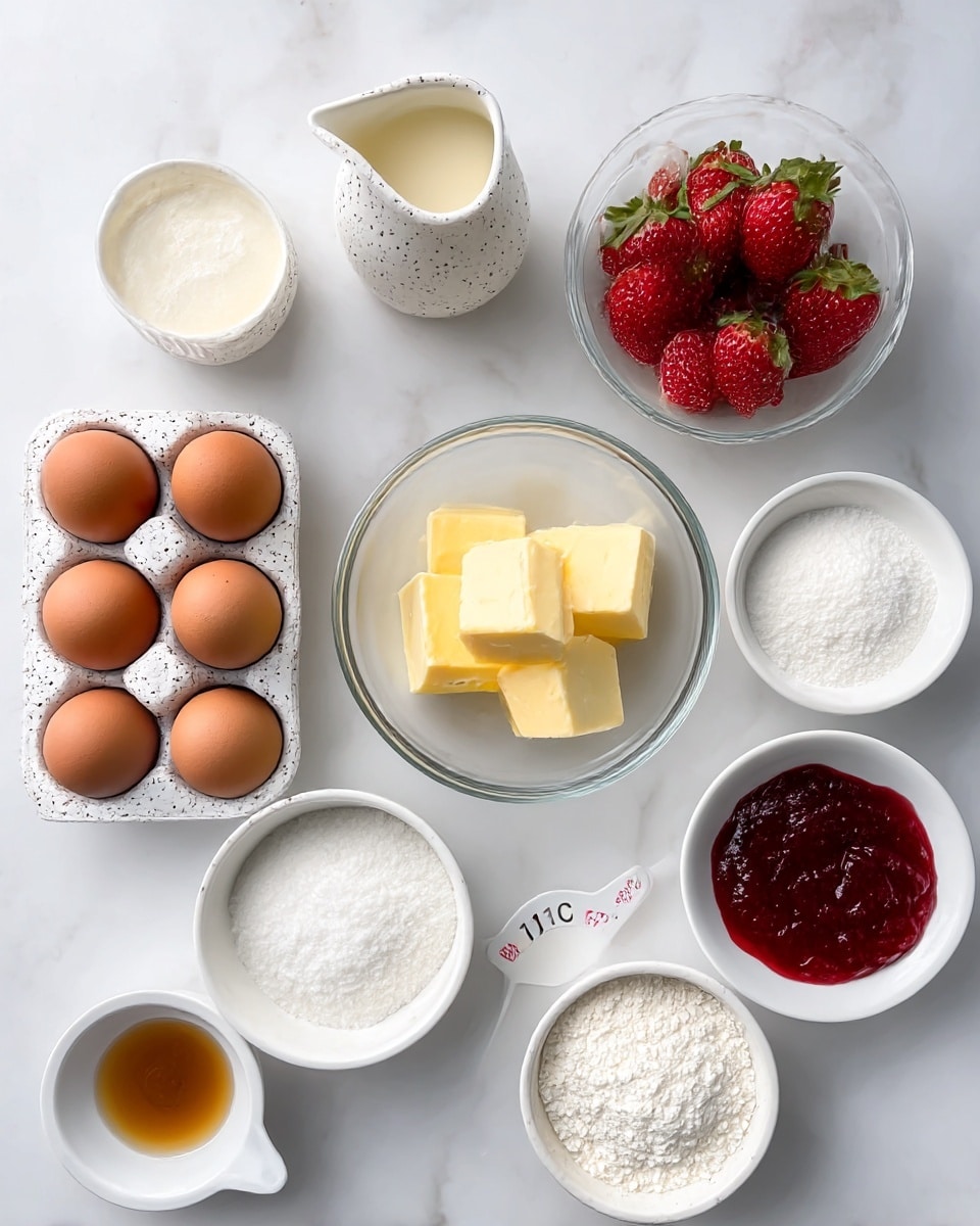The image shows a top view of several small white bowls and a white speckled egg holder arranged neatly on a white marbled surface. The egg holder contains four brown eggs. Next to it, a clear round bowl holds yellow butter cubes. A small white pitcher with pale cream liquid sits nearby. Another bowl contains fresh red strawberries with green leaves. Around these, other white bowls hold white powdered sugar, fine white flour, white granulated sugar in a white measuring cup labeled