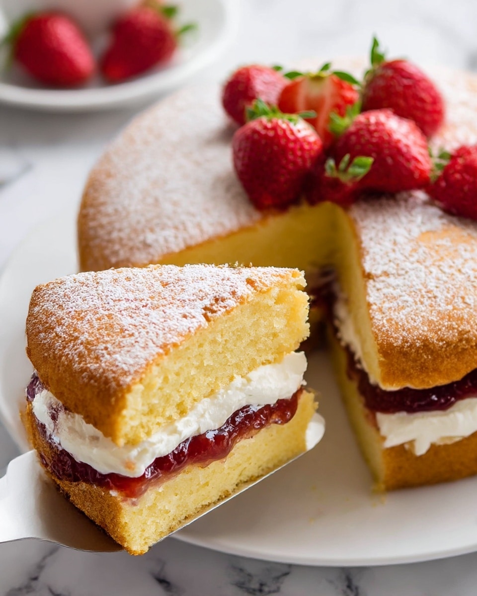 The image shows a two-layer round cake on a white plate, set on a white marbled surface. The bottom layer is a light golden yellow sponge cake with a thick layer of white cream and dark red strawberry jam spread evenly on top. The top layer is the same golden sponge cake dusted lightly with white powdered sugar. Several halved strawberries with their green leaves are arranged on top of the cake, adding bright red and green colors. The cake slice is being lifted by a white spatula, ready to be served. Photo taken with an iphone --ar 4:5 --v 7