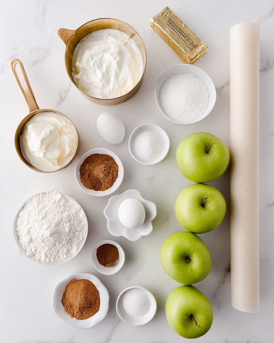 The image shows an overhead view of ingredients neatly arranged on a white marbled surface. There are three bright green apples grouped together on the right side. To their left, there is a gold-colored measuring cup filled with thick white cream and another measuring cup with white flour next to it. Above these, there is a small gold foil-wrapped stick of butter partially unwrapped. Near the center, there is a single white egg sitting in a small flower-shaped white bowl. Around these central items are various other small white bowls holding light brown sugar, ground cinnamon, granulated white sugar, and white powder that looks like baking powder. To the right side of the layout is a rolled piece of parchment paper standing vertically. Everything is clearly spaced and set against the smooth white marbled background. Photo taken with an iphone --ar 4:5 --v 7