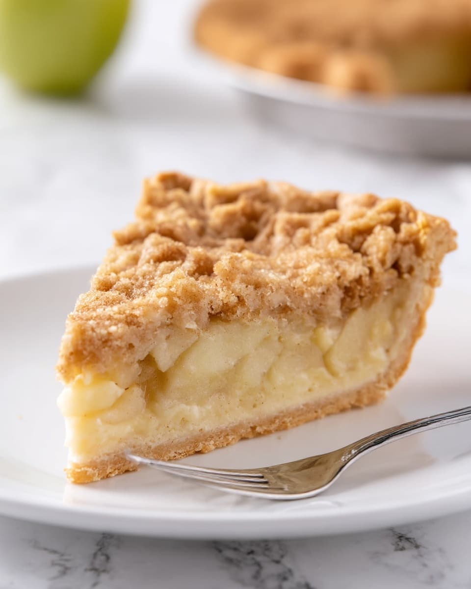 A single slice of pie with three visible layers sits on a white plate. The bottom layer is a firm, light golden crust with a slightly crumbly texture. Above it is a thick, pale yellow filling with small pieces of apple embedded inside, showing a soft and dense texture. The top layer is a crumbly, golden brown streusel topping that looks a bit rough and crunchy. A silver dessert fork rests on the plate near the pie slice, and the background has a white marbled surface with a blurry shape of another pie in the back. Photo taken with an iphone --ar 4:5 --v 7