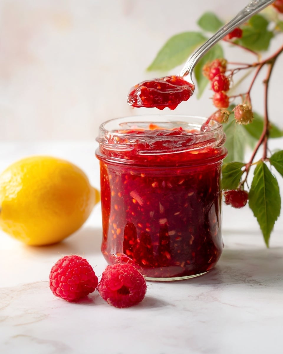 A clear glass jar filled with bright red raspberry jam with visible seeds and chunks of fruit inside, and a silver spoon inside the jar holding a dollop of the jam above the rim. In front of the jar, there are two fresh raspberries and a small branch with unripe red berries and green leaves. On the left side, a yellow lemon rests on a white marbled surface. The background is softly blurred with light tones. Photo taken with an iphone --ar 4:5 --v 7