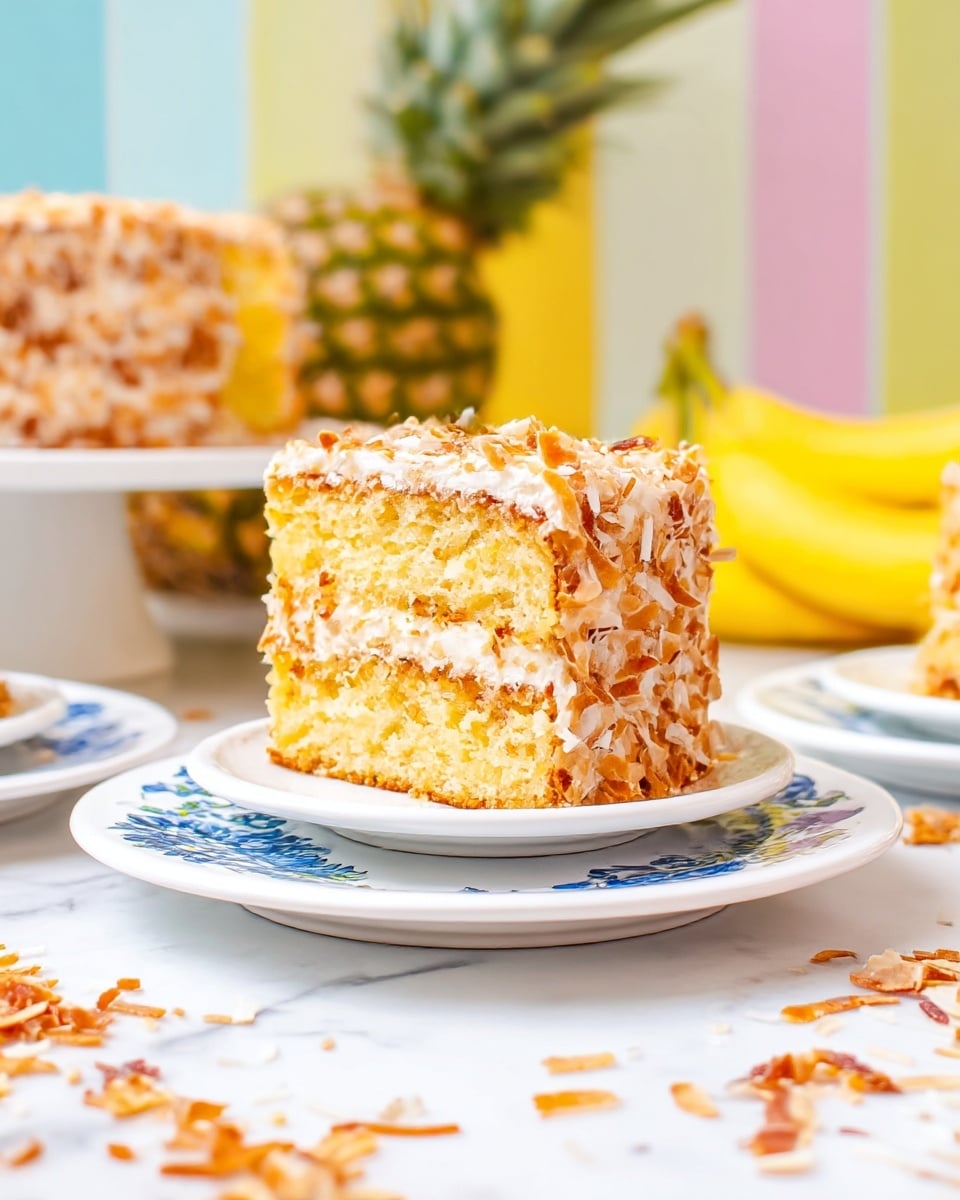 A two-layer square slice of cake sits on a white plate with blue floral patterns. The cake layers are light yellow with a soft texture, and the entire cake is coated in white frosting covered in toasted coconut flakes that are golden brown and crisp. The slice is stacked on two more identical white plates, all placed on a white marbled surface. In the background, there is a blurry pineapple, a bunch of bananas, and a larger piece of the same cake. Sprinkled toasted coconut flakes also decorate the surface around the plates. The setting is bright with pastel stripes on the wall behind. Photo taken with an iphone --ar 4:5 --v 7