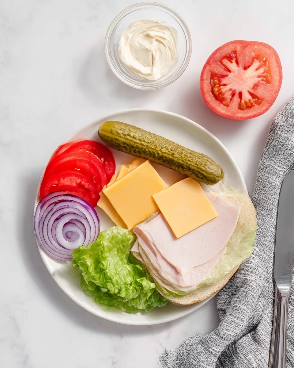 A white plate holds sandwich ingredients arranged separately: two bright red tomato slices in the bottom left, slightly above them three thin purple onion rings, next to them a pale pink slice of turkey deli meat in the center, two square slices of yellow American cheese stacked on the upper right, a green leaf of romaine lettuce on the lower right, and a whole large pickle placed horizontally on top near the center. Above the plate on a white marbled surface are half a tomato showing its seeds and pulp, and a small clear bowl of creamy white mayonnaise. A gray and white striped cloth napkin is draped on the upper right and lower right areas. A silver butter knife is placed diagonally from the bottom left edge towards the plate. Photo taken with an iphone --ar 4:5 --v 7