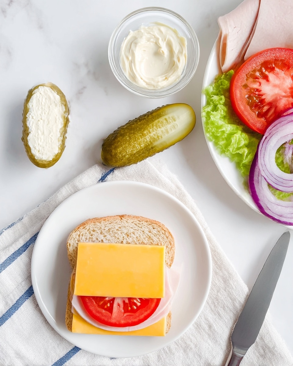 A small white plate holds a sandwich open-faced with three layers: the bottom slice is light brown bread, topped with thin round slices of pale turkey, a round red tomato slice, and two slices of yellow American cheese stacked side by side. Next to the sandwich is a half dill pickle with a cream spread in the middle. Above the plate is a small glass bowl of white mayonnaise. To the right, part of a white plate holds more turkey slices, a red tomato slice, and purple onion rings. A leafy green lettuce and a silver knife rest on a white and blue striped cloth on a white marbled surface. Photo taken with an iphone --ar 4:5 --v 7