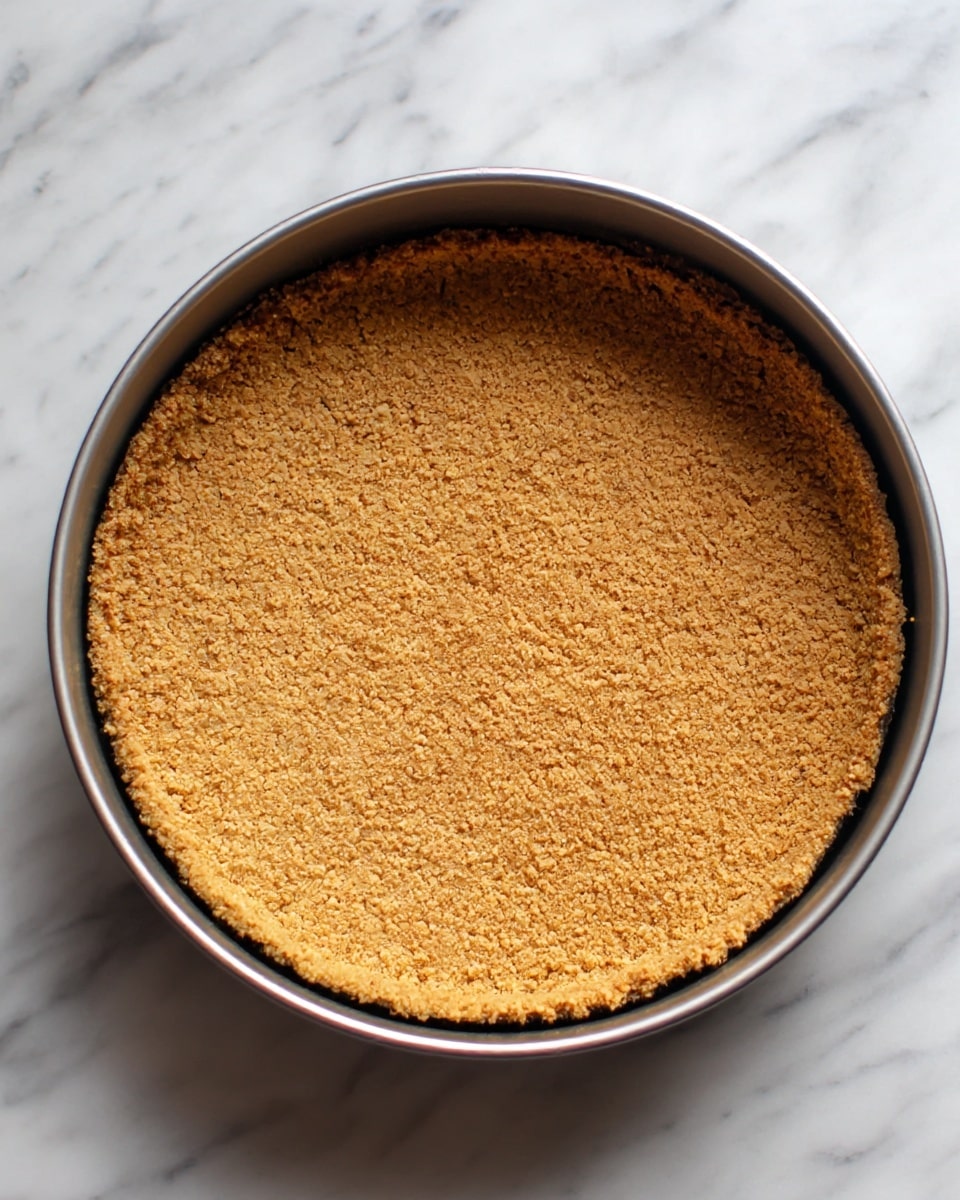 A round, single-layer graham cracker crust sits evenly pressed in a metal springform pan. The crust has a golden-brown color with a crumbly and slightly rough texture. It is spread thickly across the base and pushed neatly up the sides, creating a uniform edge all around. The pan is placed on a white marbled surface. photo taken with an iphone --ar 4:5 --v 7